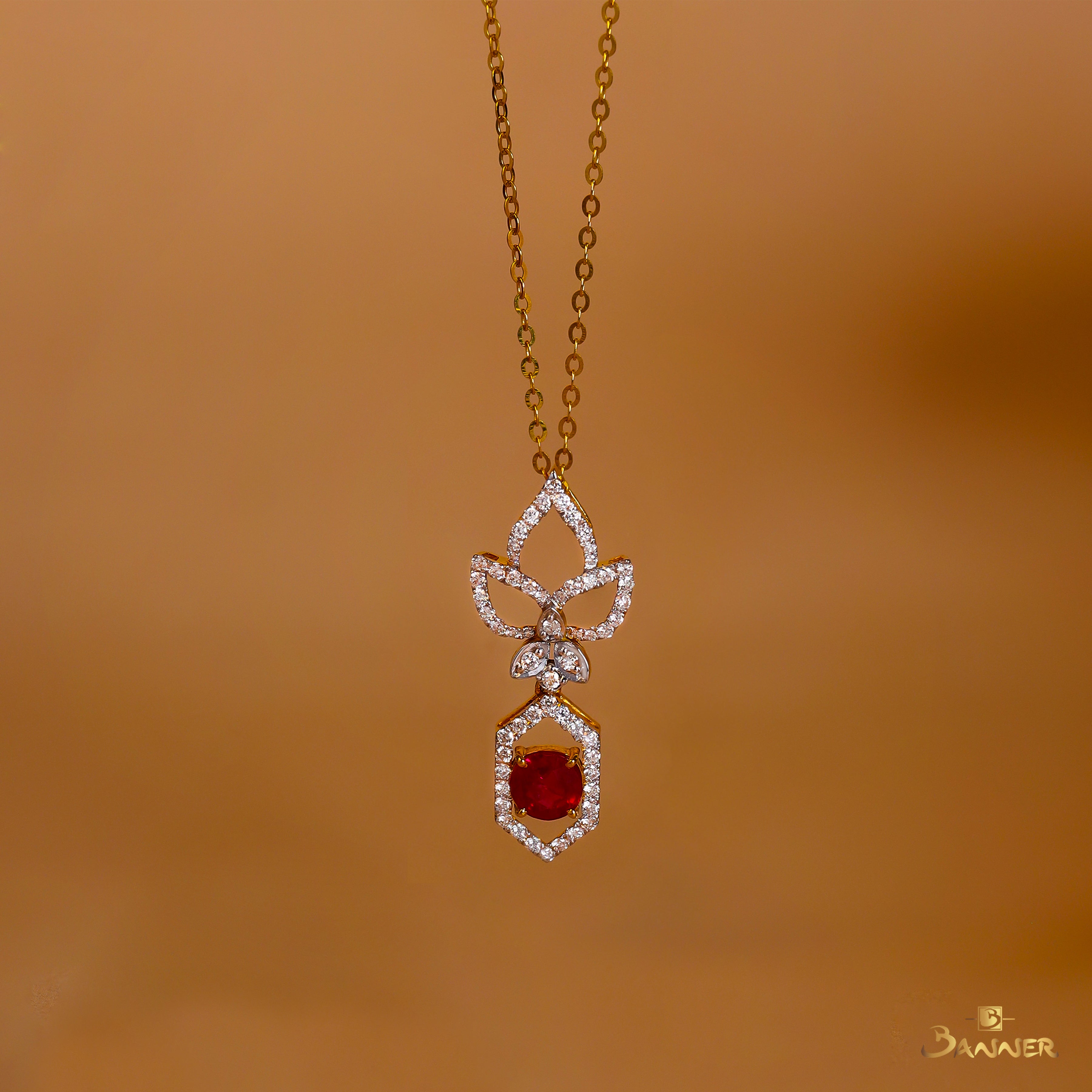 Ruby and Diamond Hexagonal Pendant