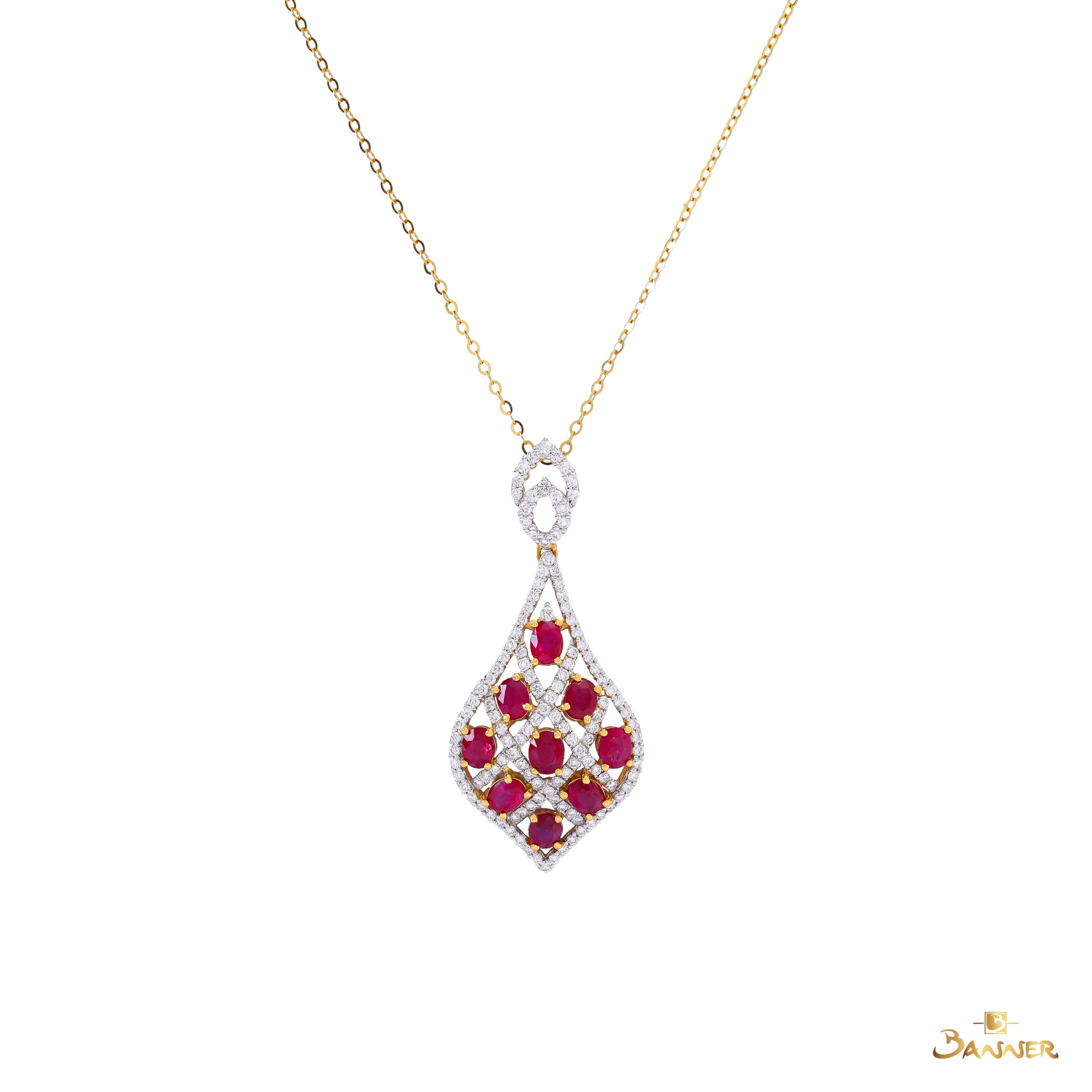 Ruby and Diamond Teardrop Mesh Pendant