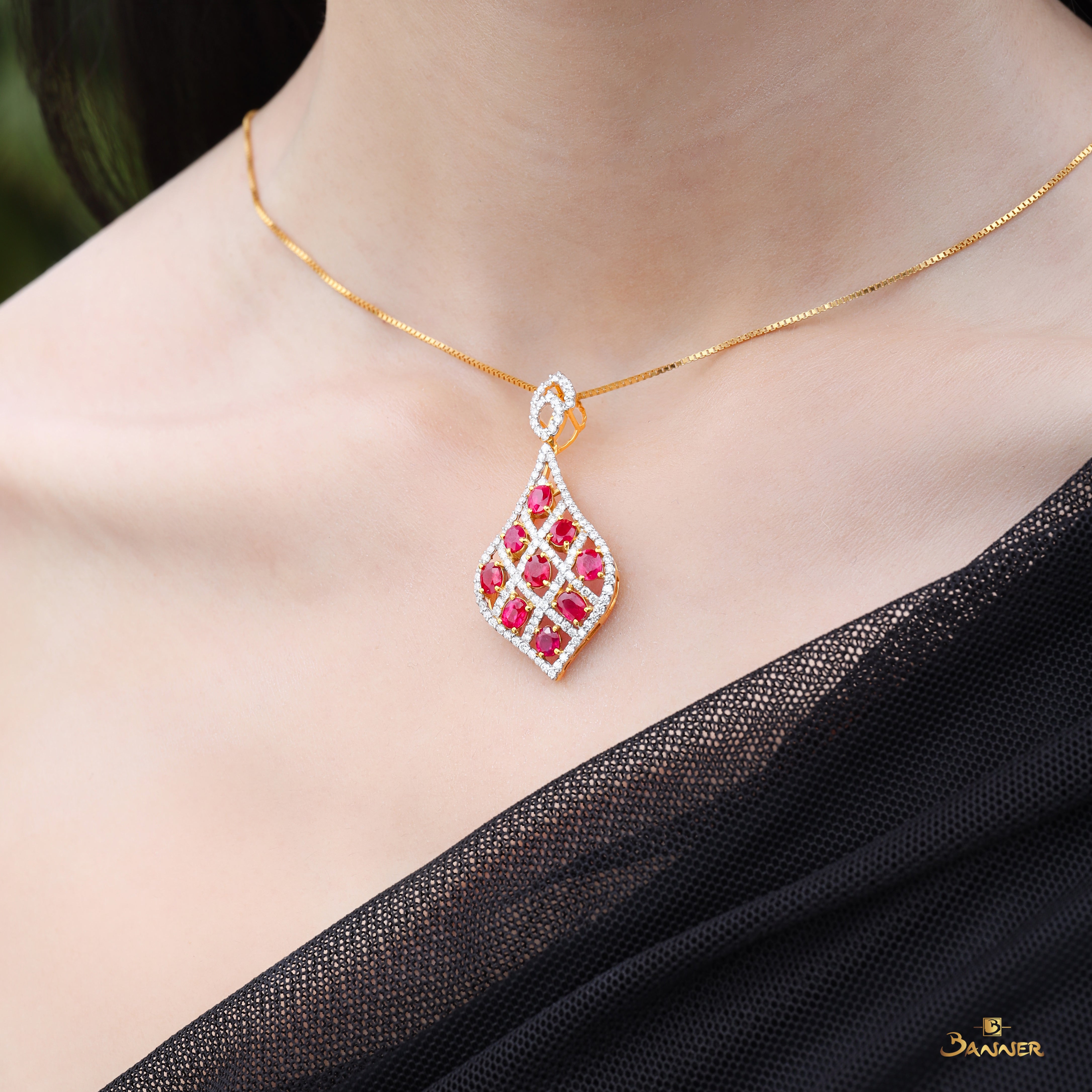Ruby and Diamond Teardrop Mesh Pendant