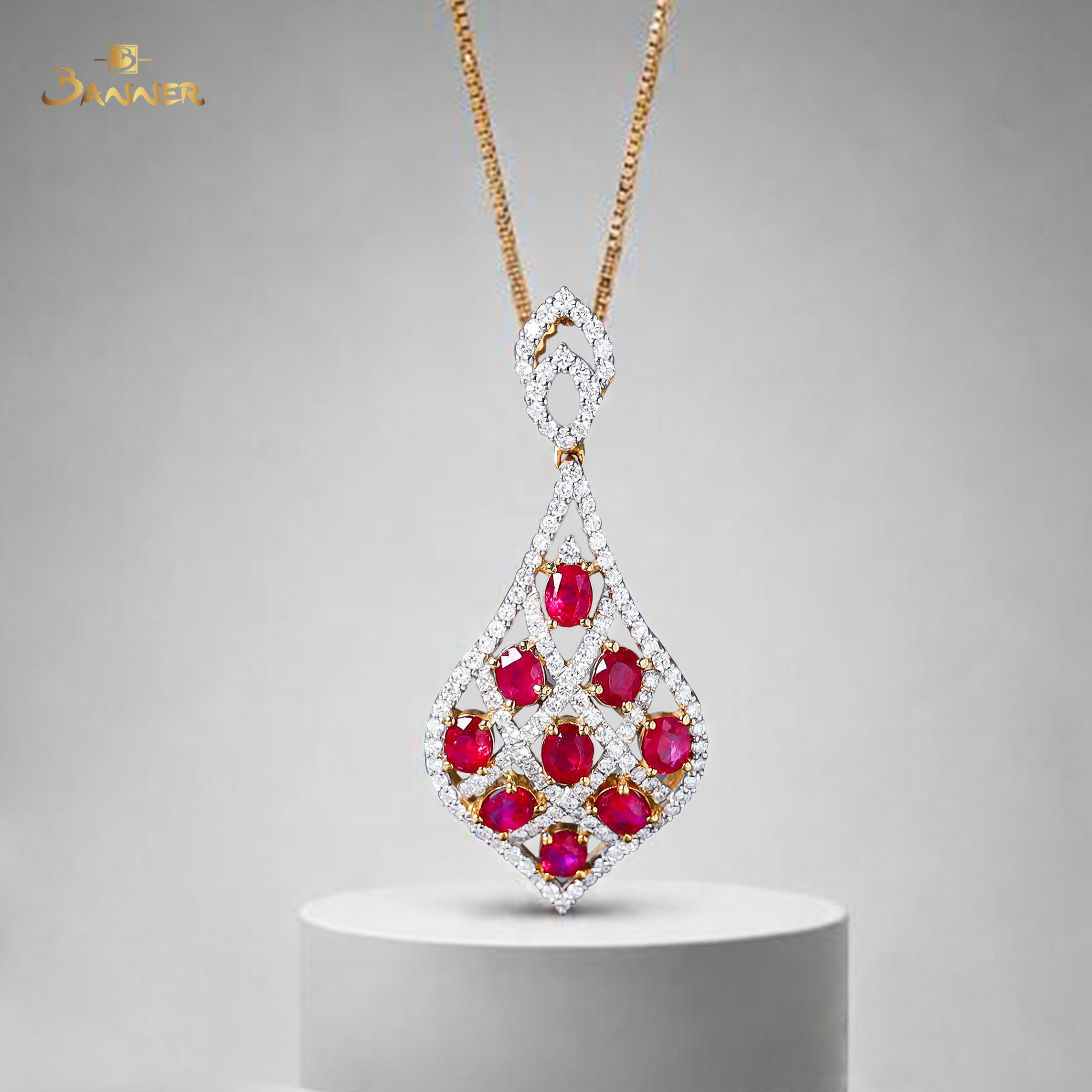 Ruby and Diamond Teardrop Mesh Pendant