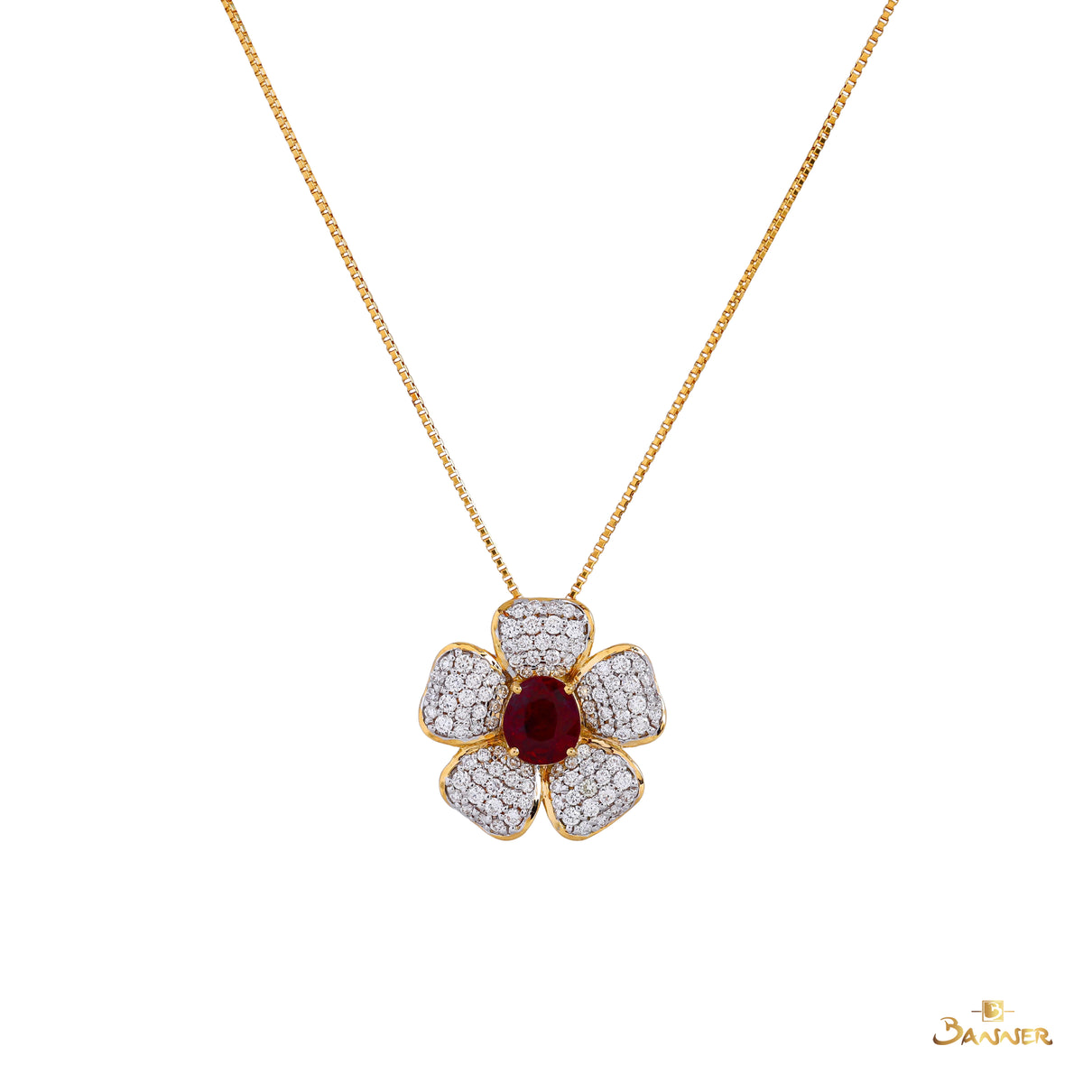 Natural Ruby and Diamond Plumeria Floral Pendant