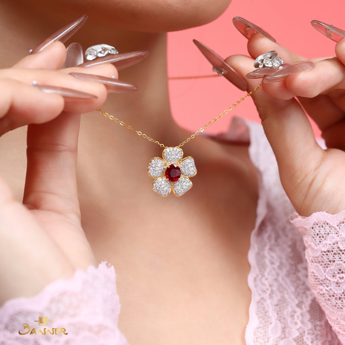Natural Ruby and Diamond Plumeria Floral Pendant