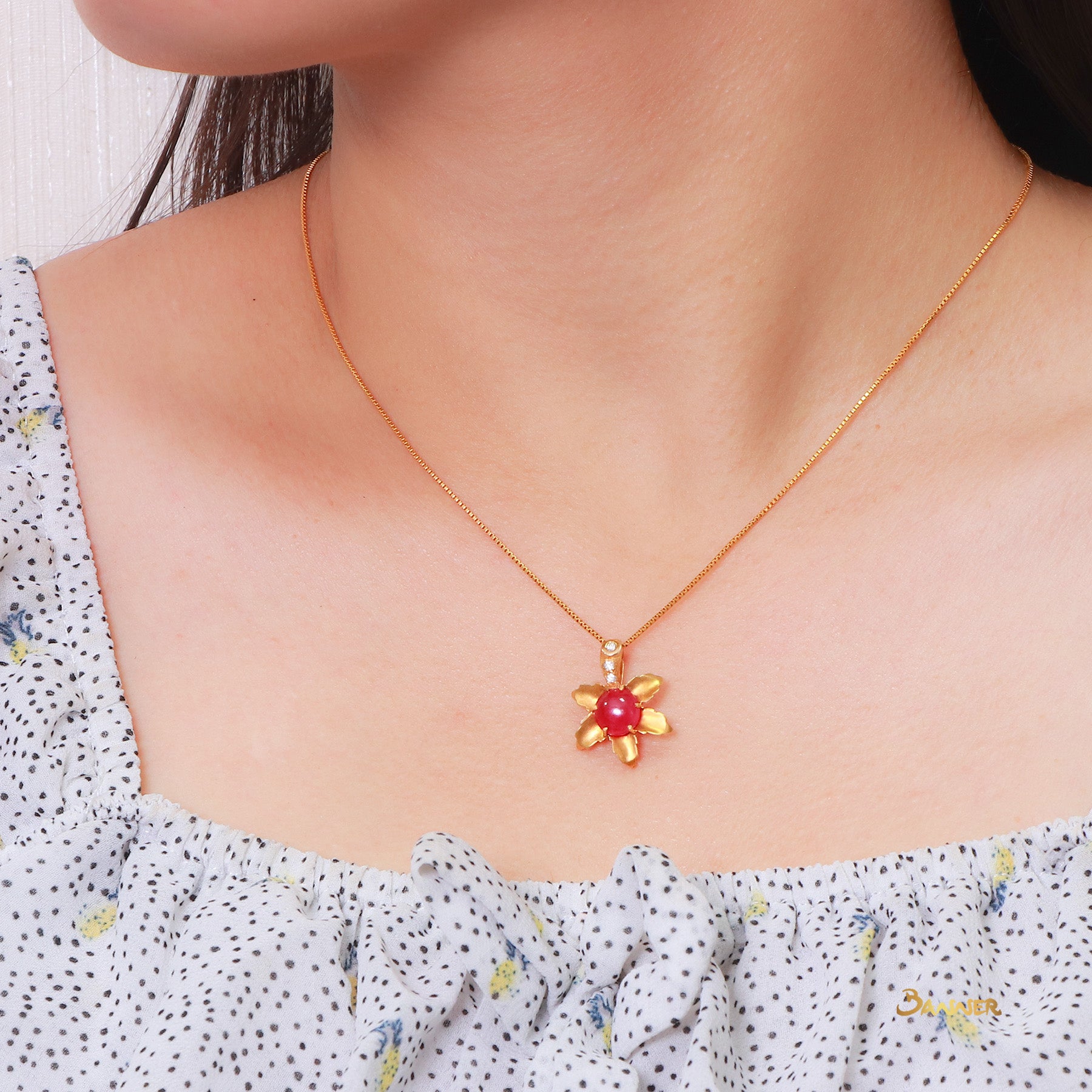 Ruby Cabochon and Diamond Flower Pendant