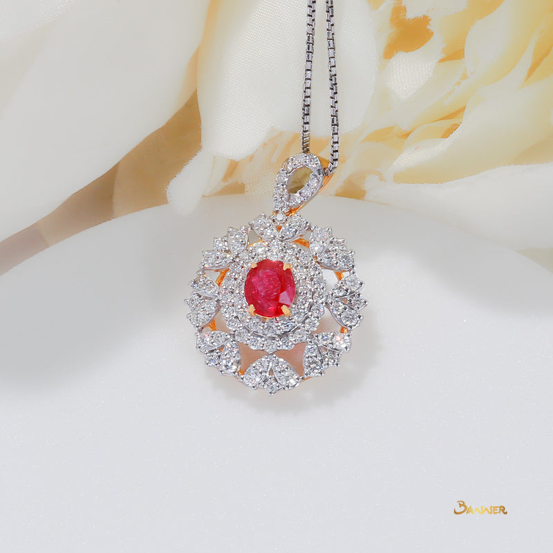 Natural Mogok Ruby and Diamond Floral Pendant