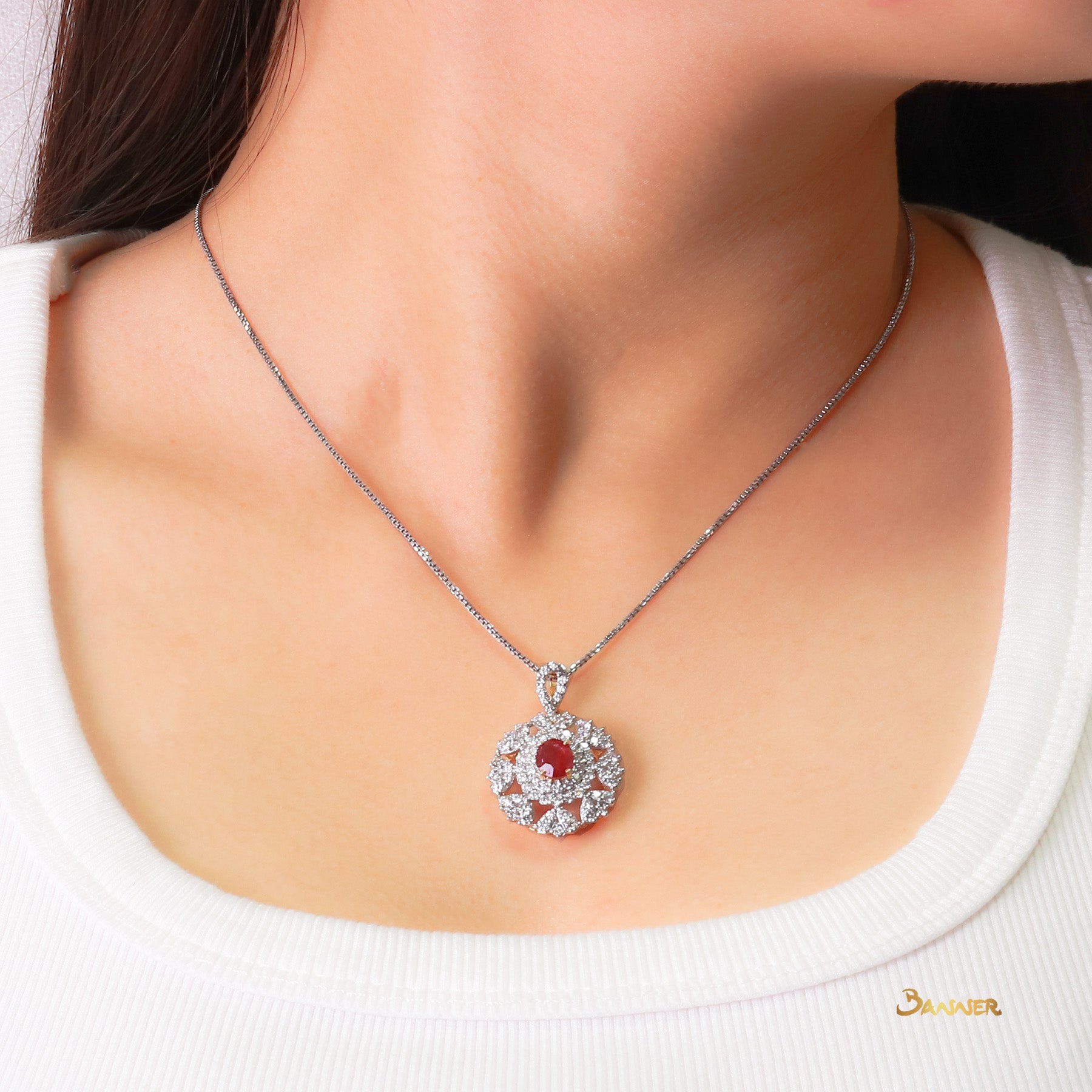 Natural Mogok Ruby and Diamond Floral Pendant