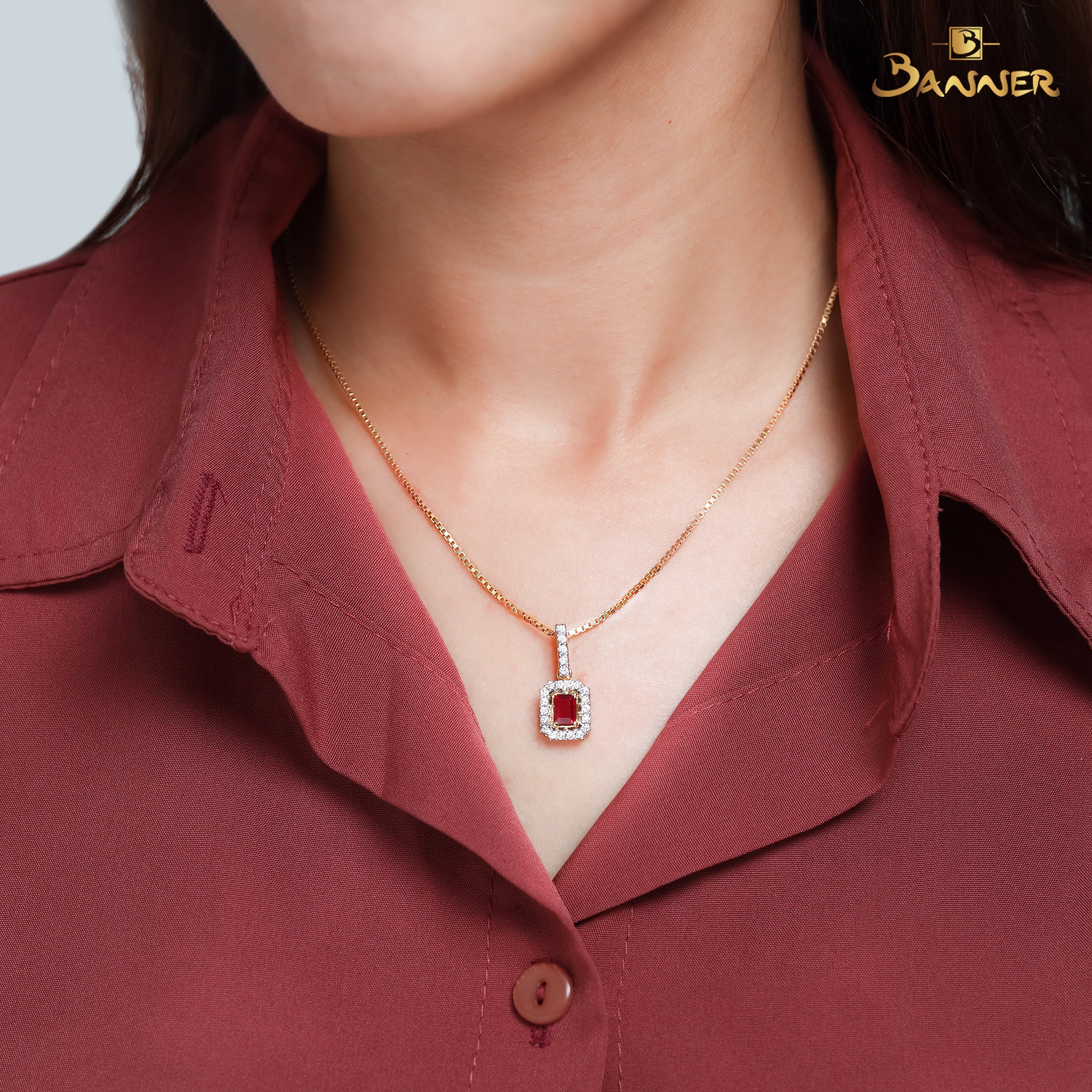 Ruby Emerald Cut and Diamond Pendant