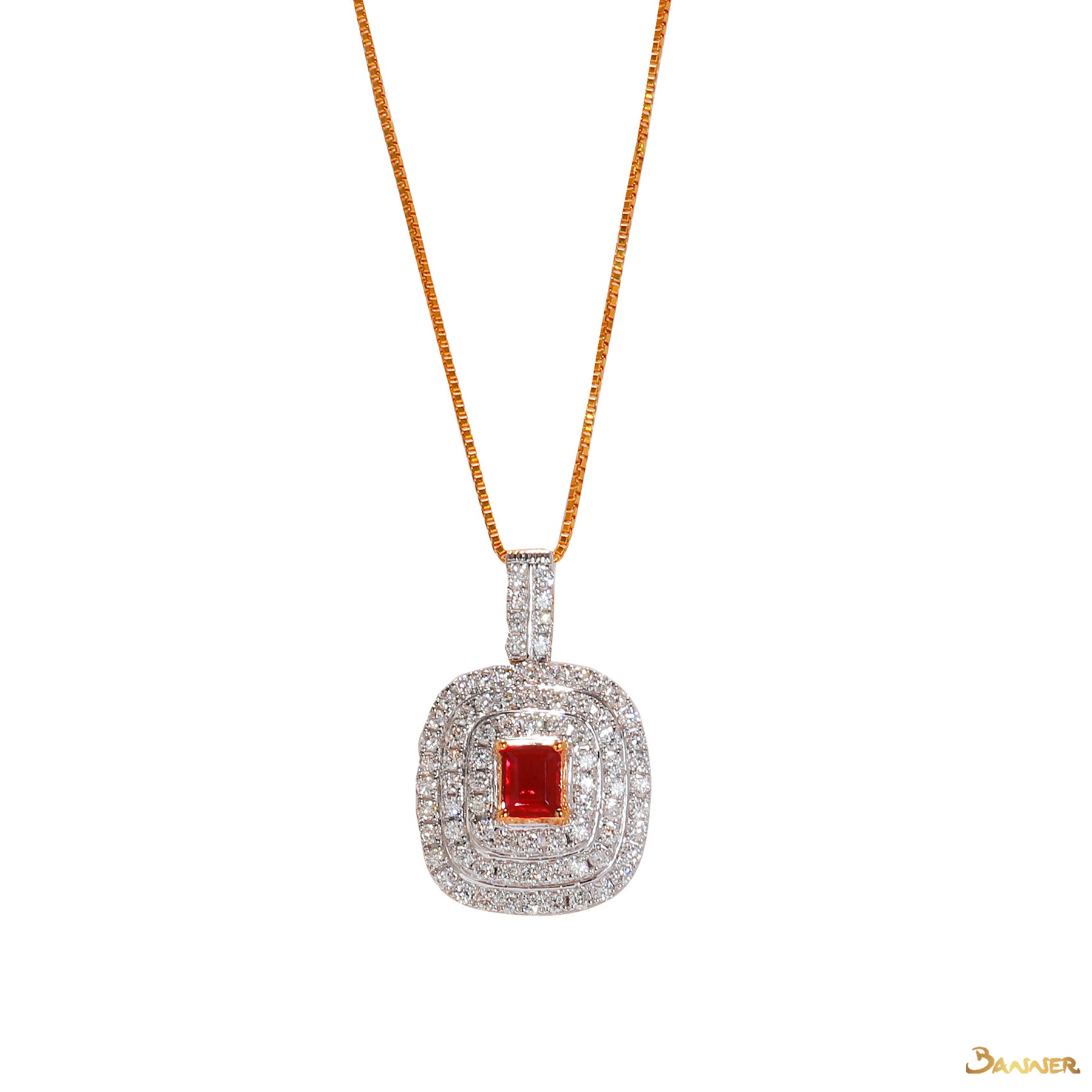 Emerald-cut Ruby and Diamond Triple Halo Pendant