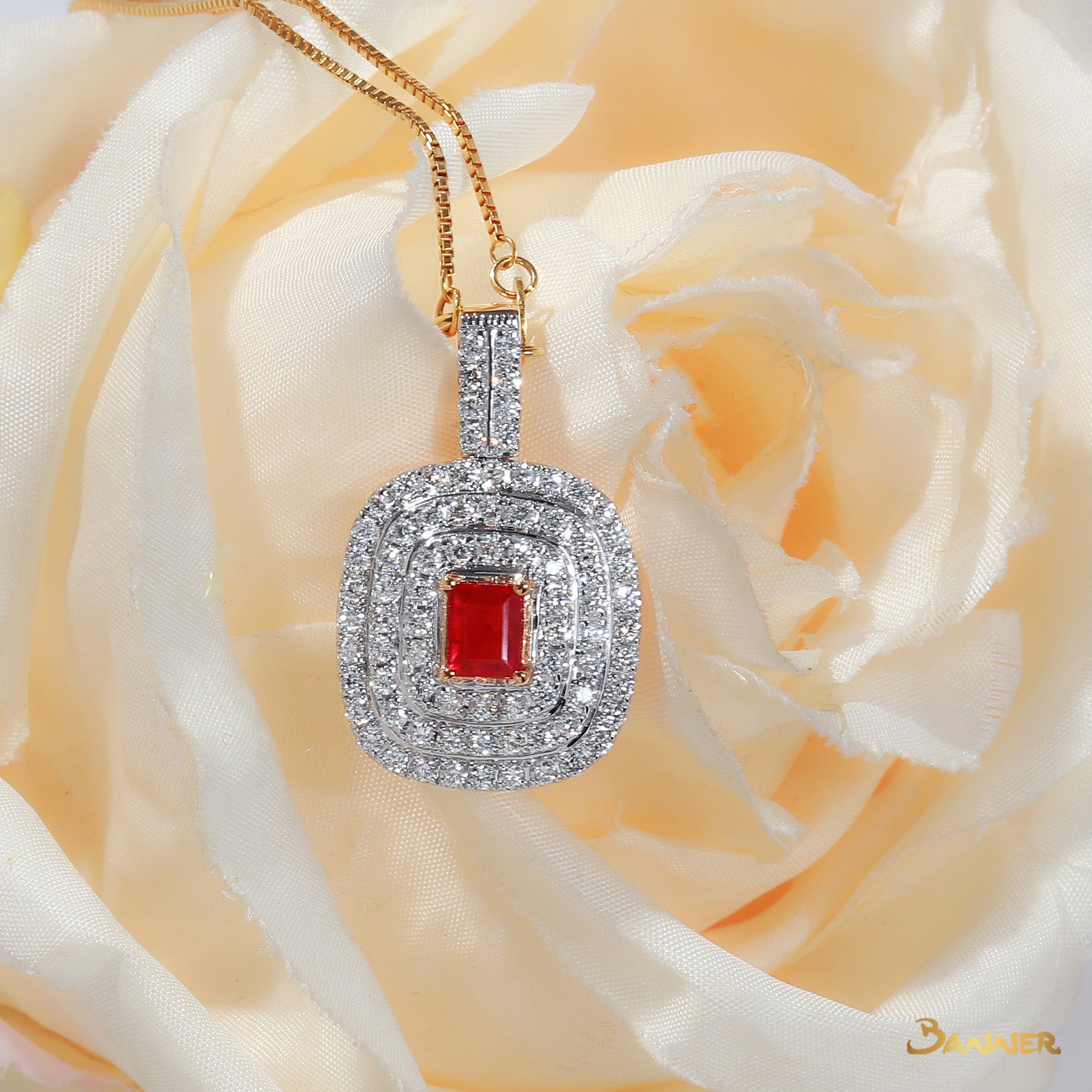 Emerald-cut Ruby and Diamond Triple Halo Pendant