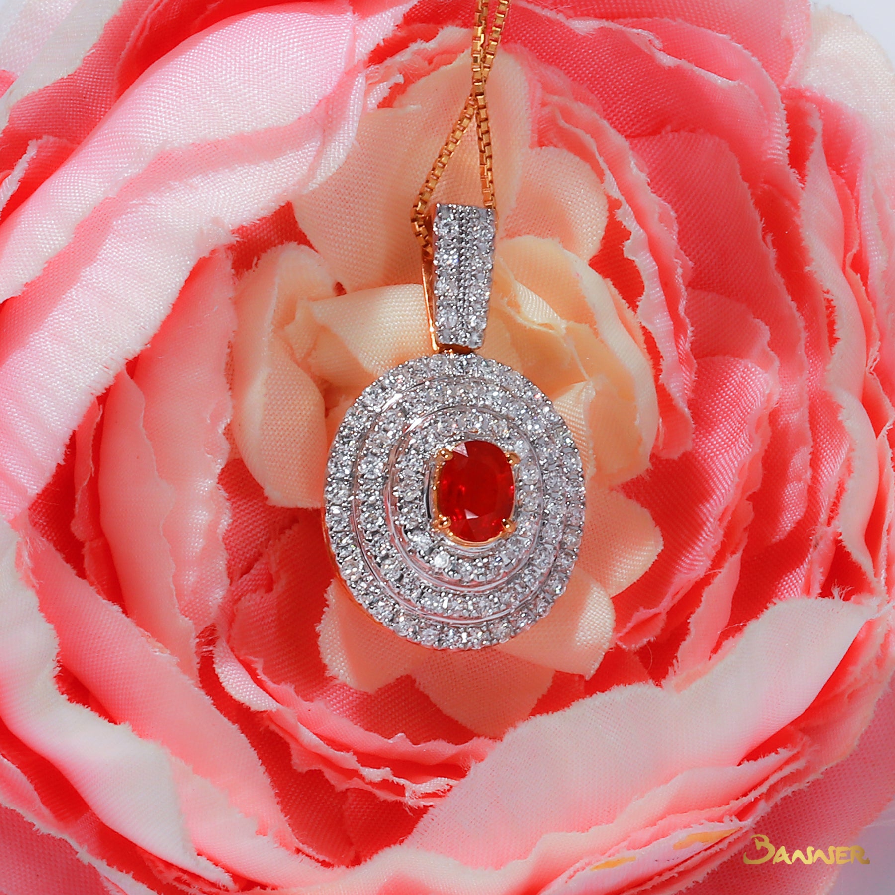 Ruby and Diamond Triple Halo Pendant