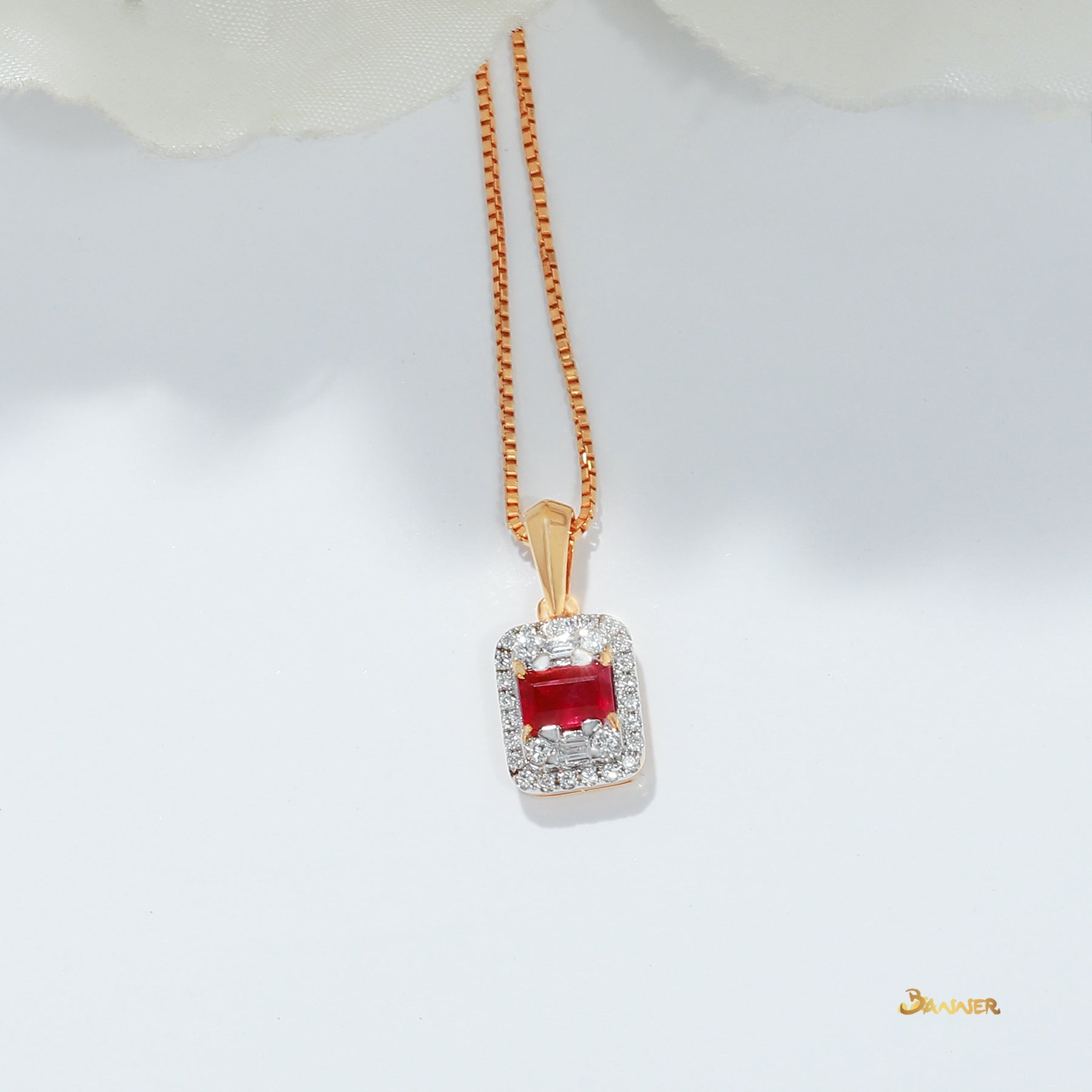 Emerald-cut Ruby and Diamond Halo Pendant