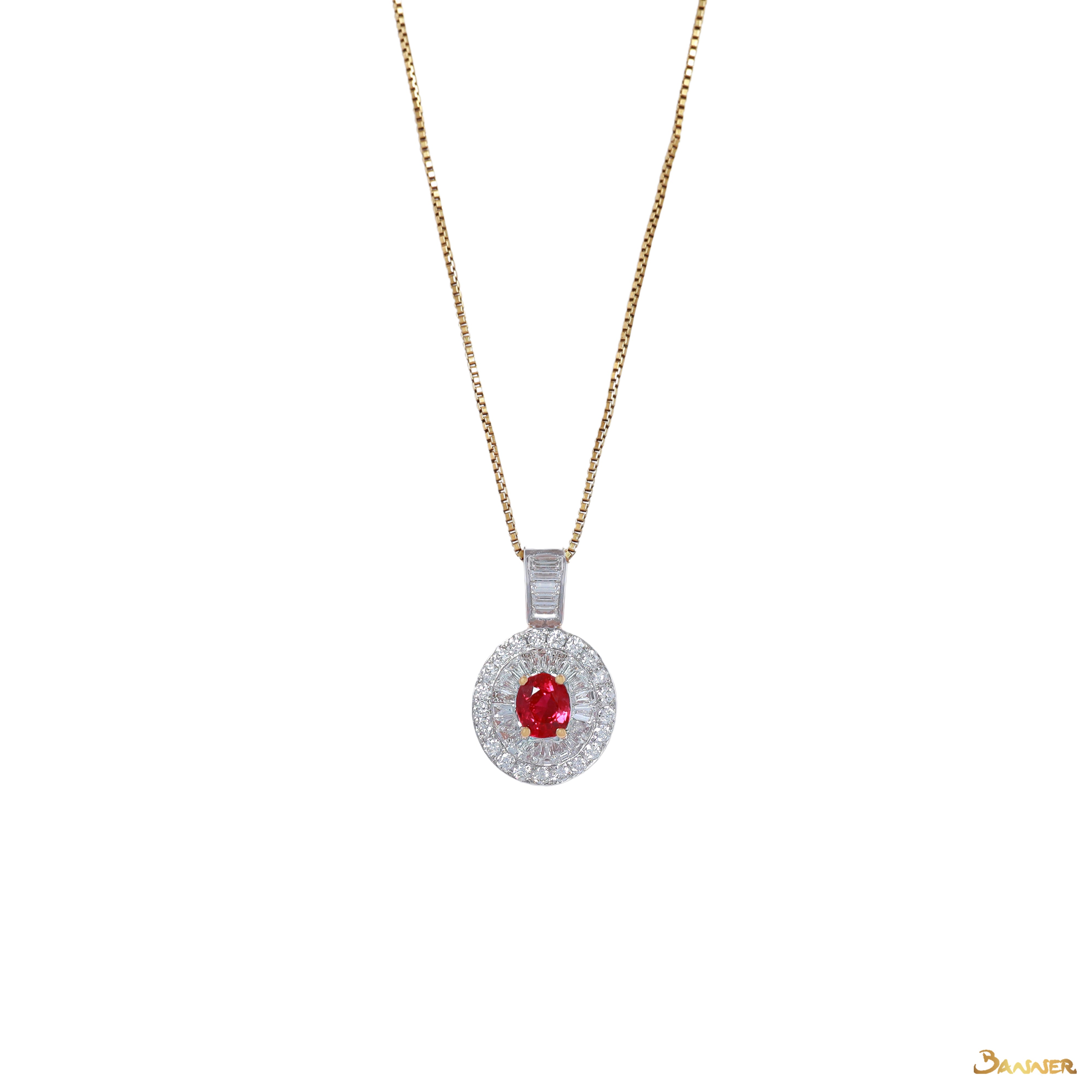 Ruby and  Baguette Diamond Double Halo Pendant