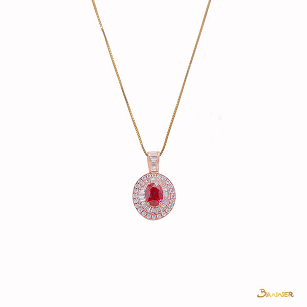 Ruby and  Baguette Diamond Double Halo Pendant