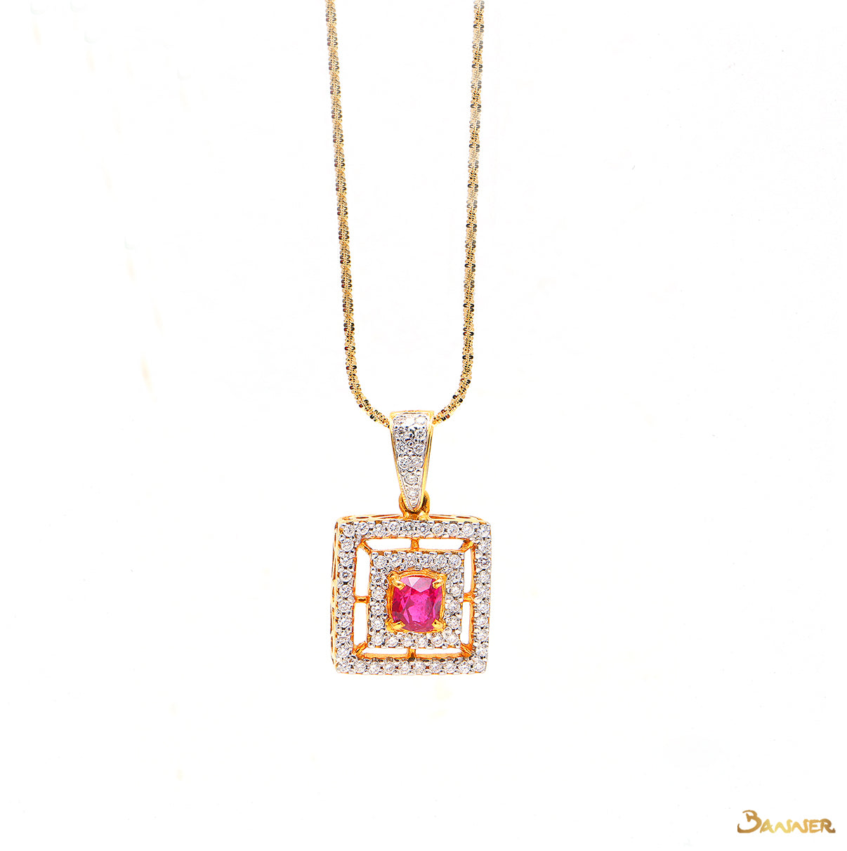 Ruby and Diamond Double Halo Pendant