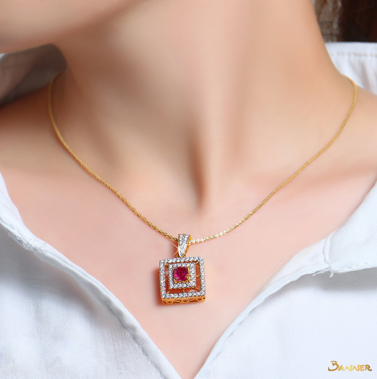 Ruby and Diamond Double Halo Pendant