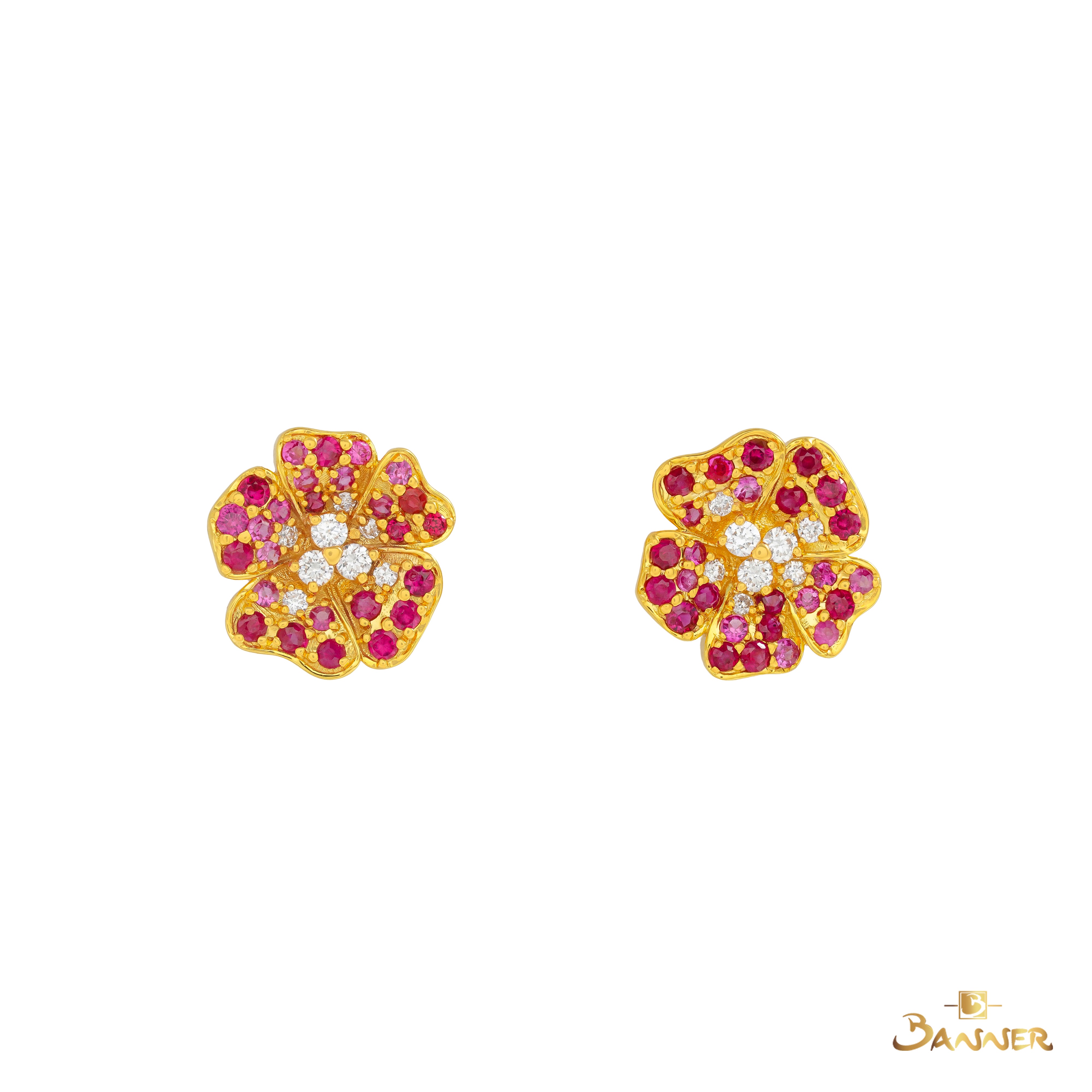 Ruby , Pink Sapphire and Diamond Clover Earrings