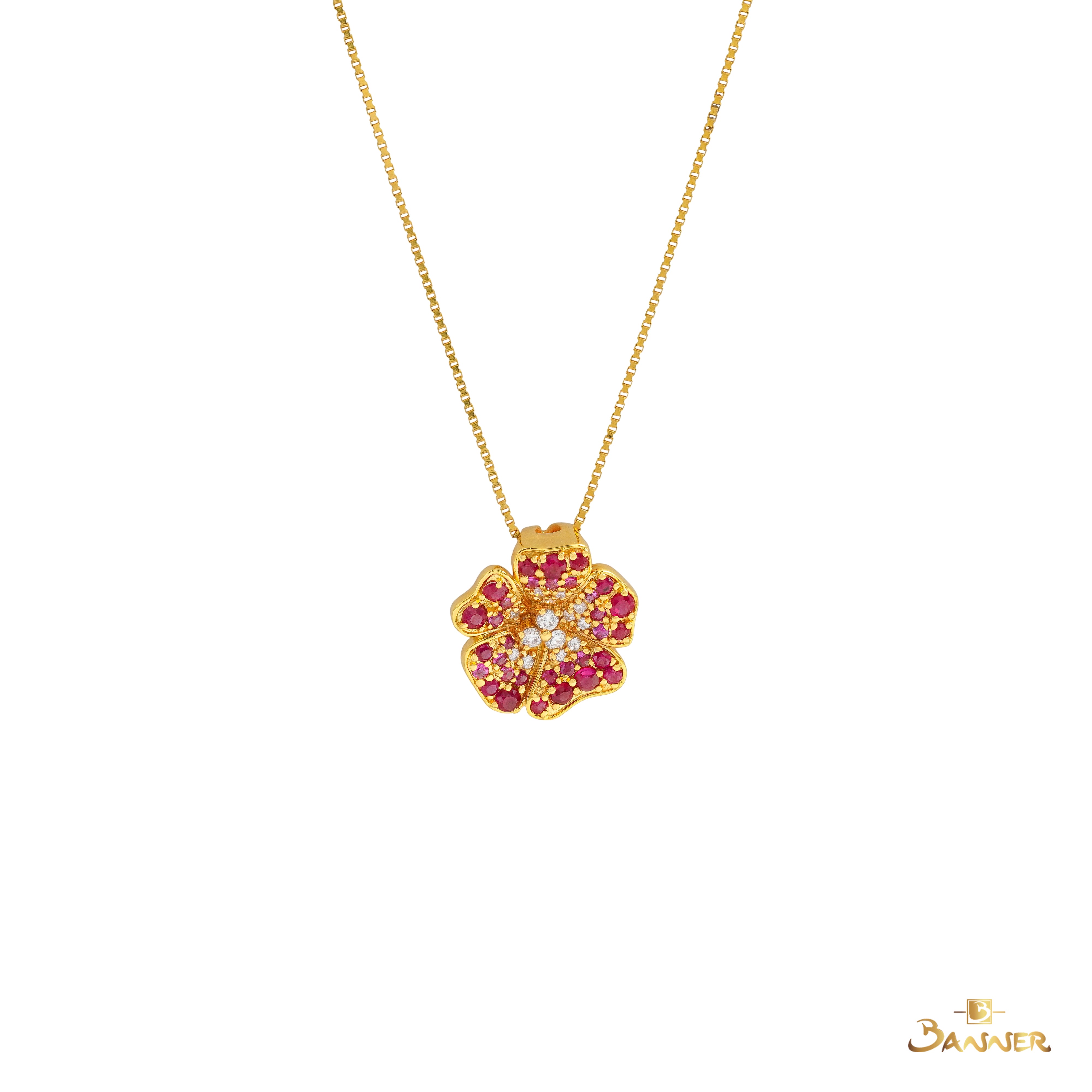Ruby , Pink Sapphire and Diamond Clover Pendant