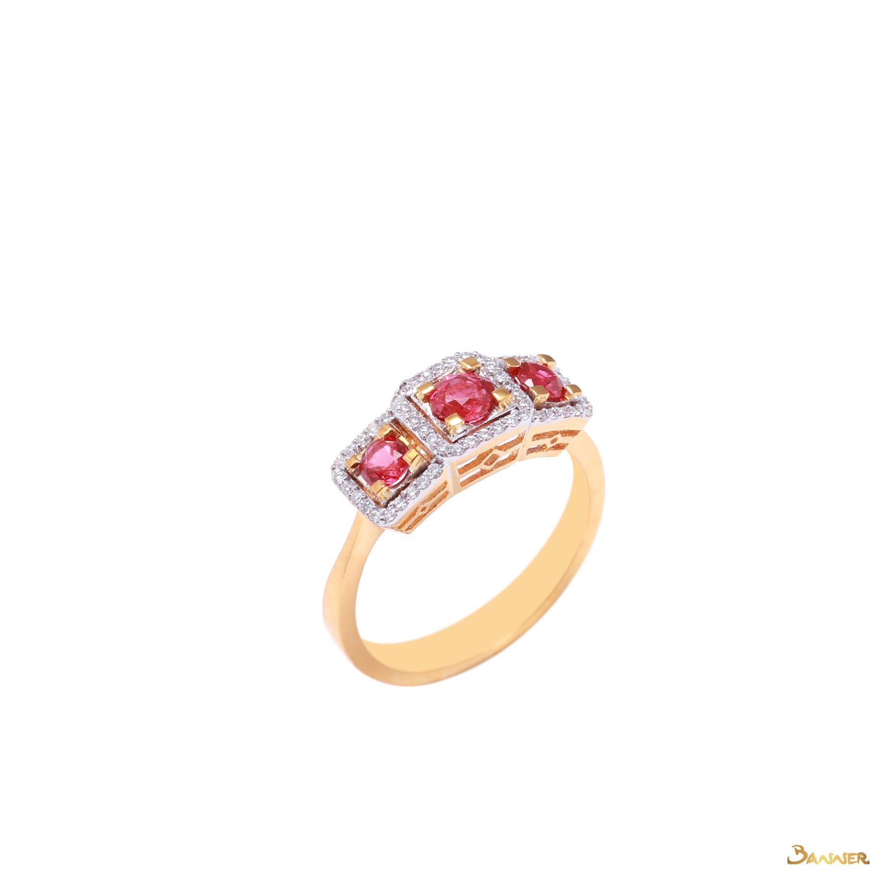 Ruby and Diamond Three-stone Halo Ring