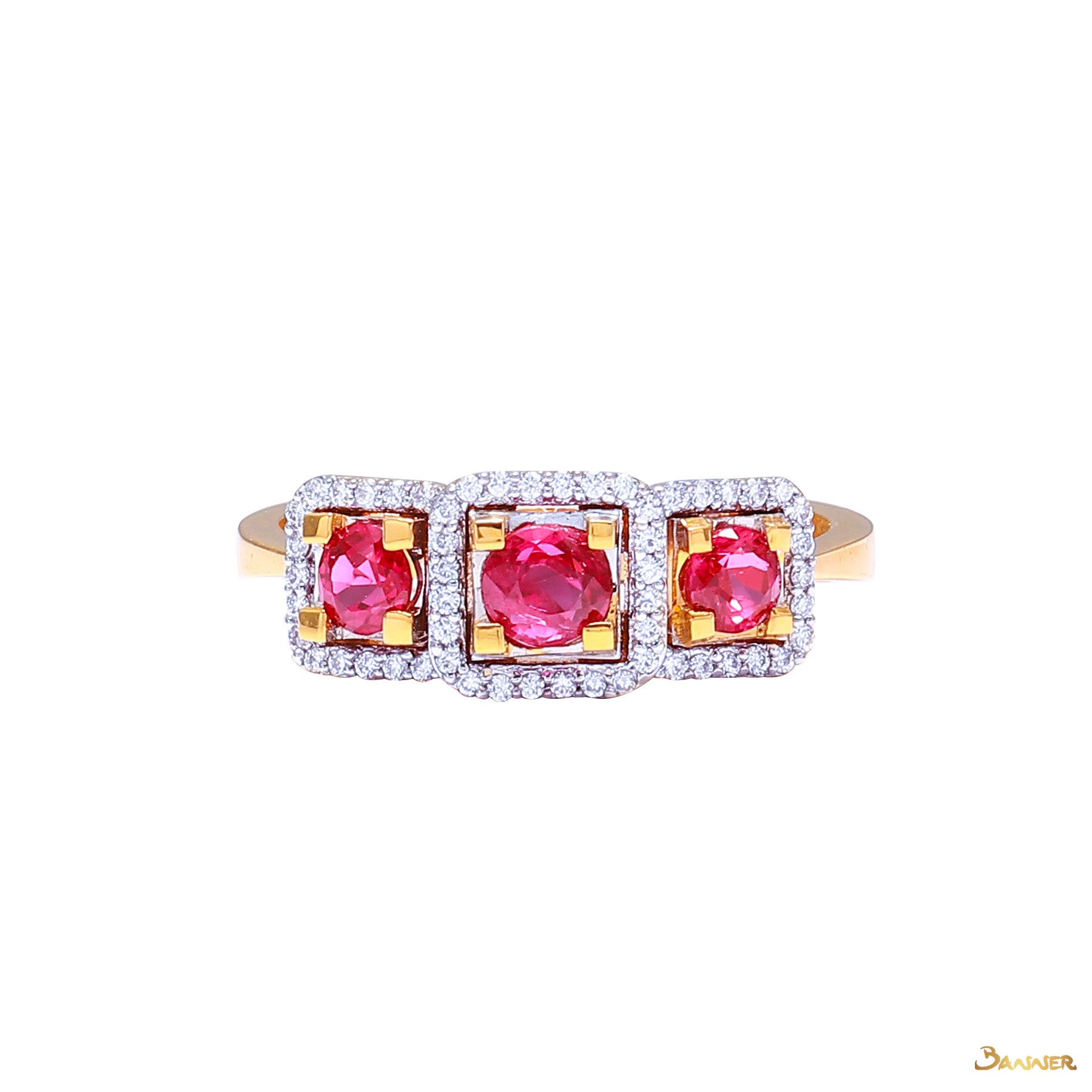 Ruby and Diamond Three-stone Halo Ring