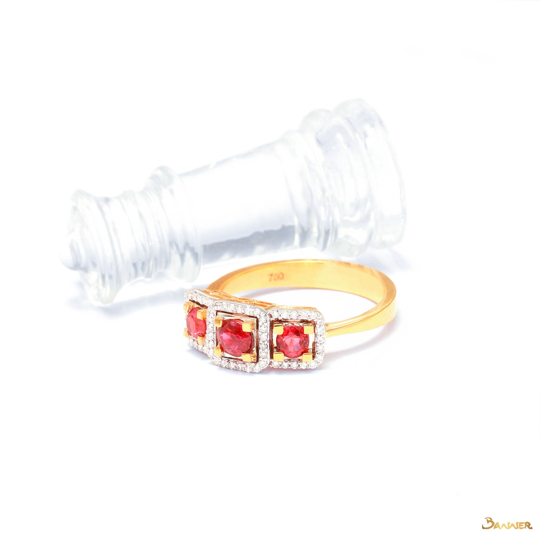 Ruby and Diamond Three-stone Halo Ring