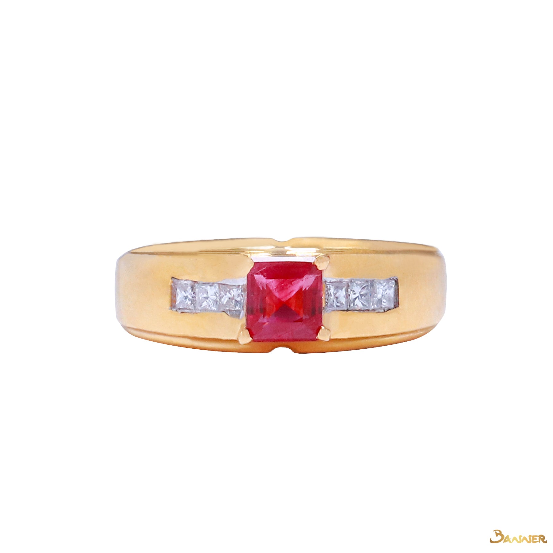 Emerald-cut Ruby and Princess-cut Diamonds Men's Ring