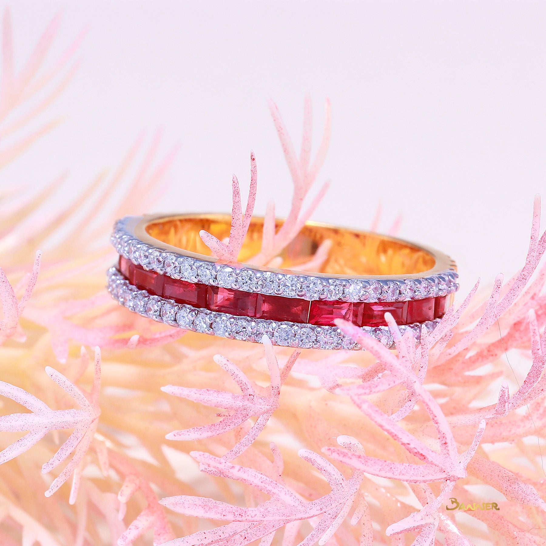 Emerald-cut Ruby and Diamond 2 Rows Set