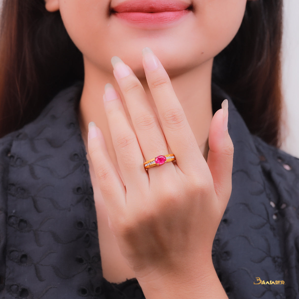 Ruby Cabochon and Diamond Ring