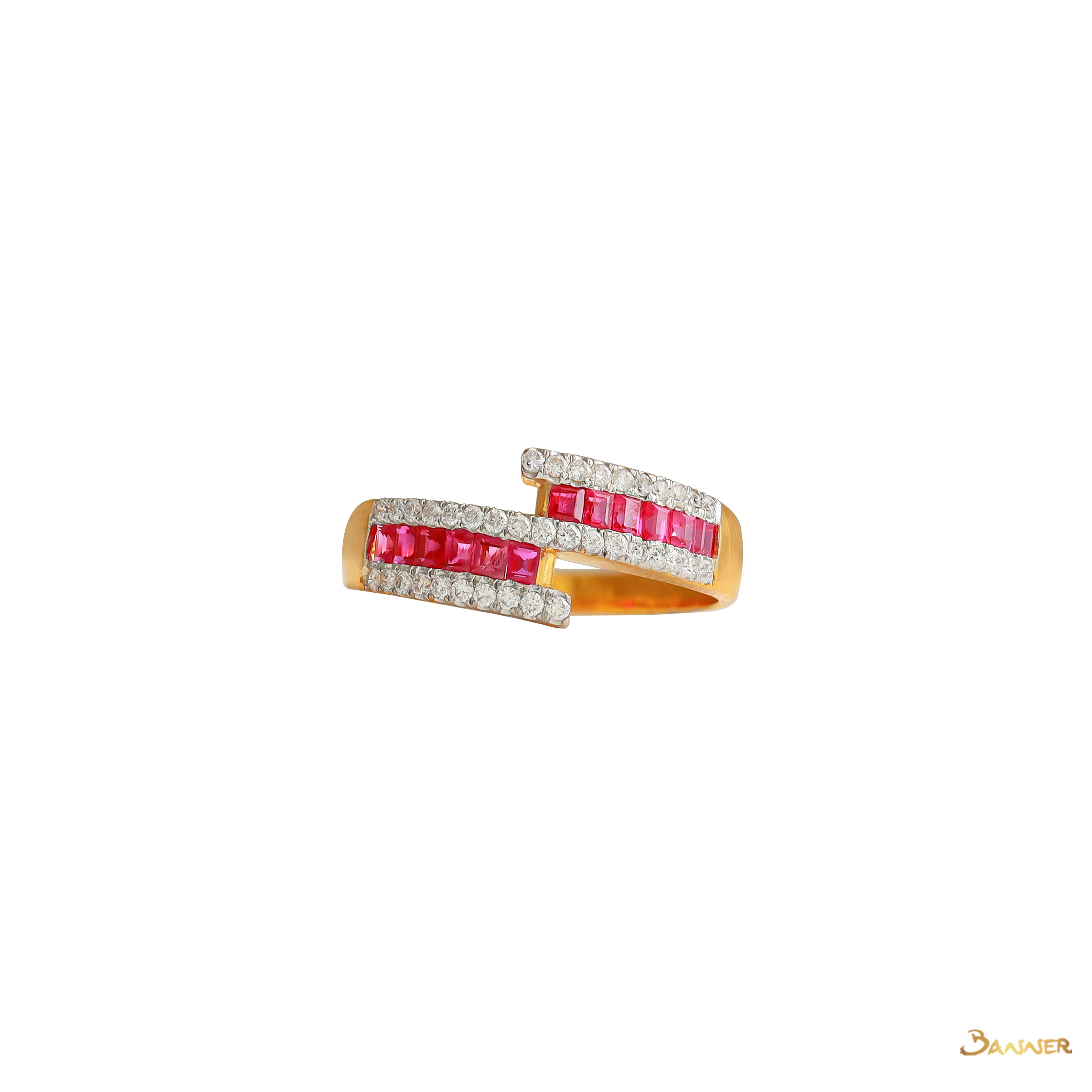 Ruby Emerald-cut and Diamond Double Bypass Ring