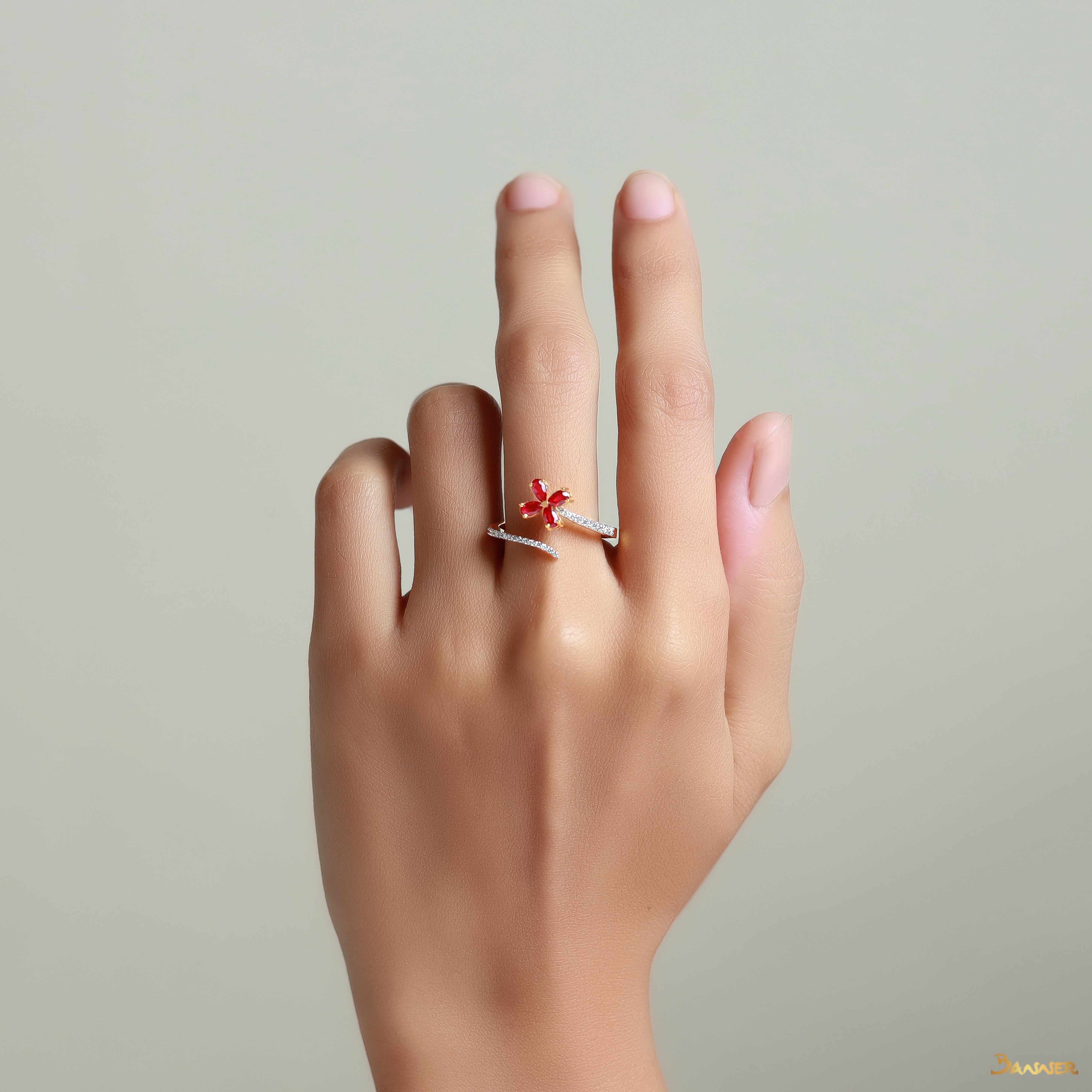 Ruby and Diamond Floral Bypass Ring