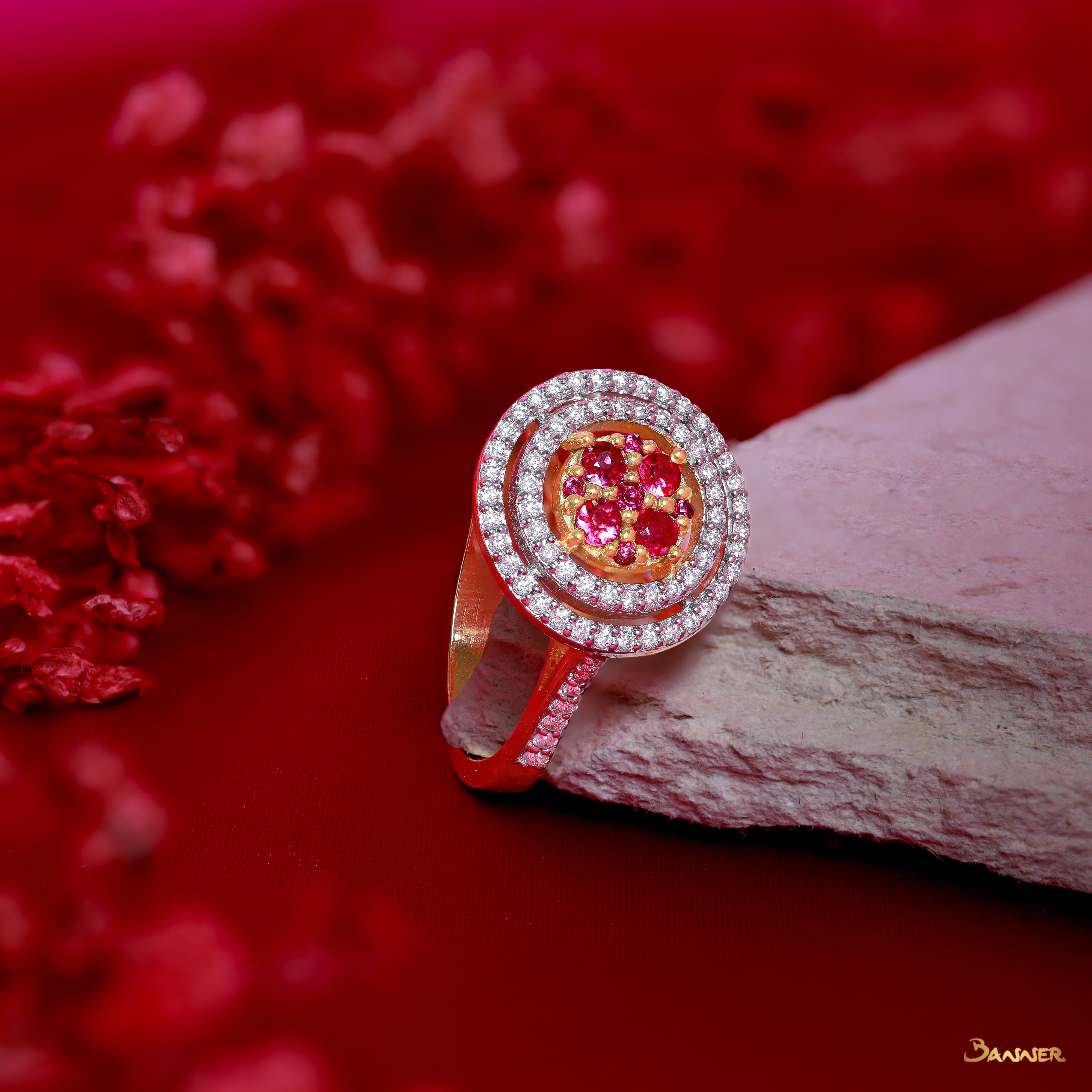 Ruby and Diamond Double Halo Ring