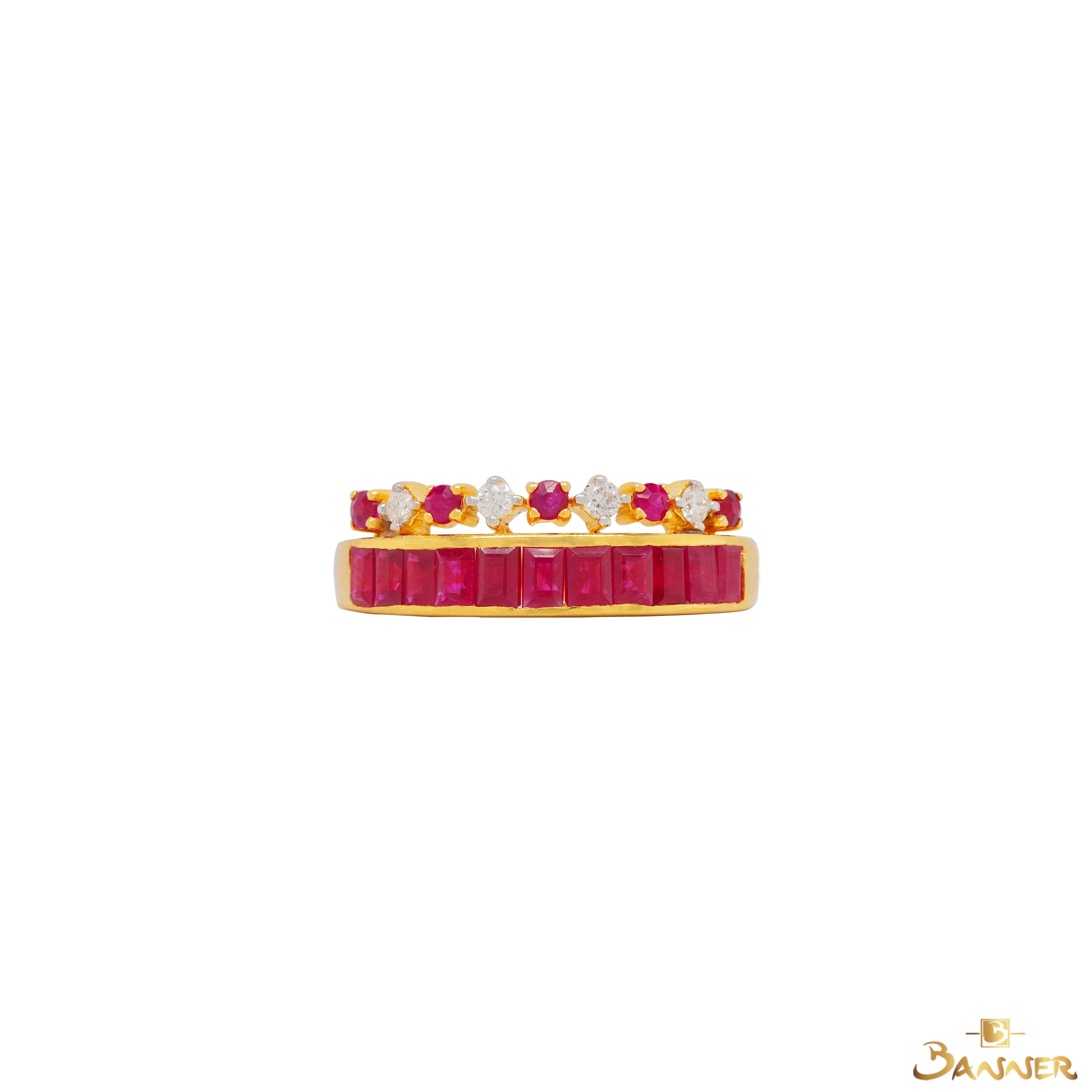 Emerald-cut Ruby and Diamond Crown Ring