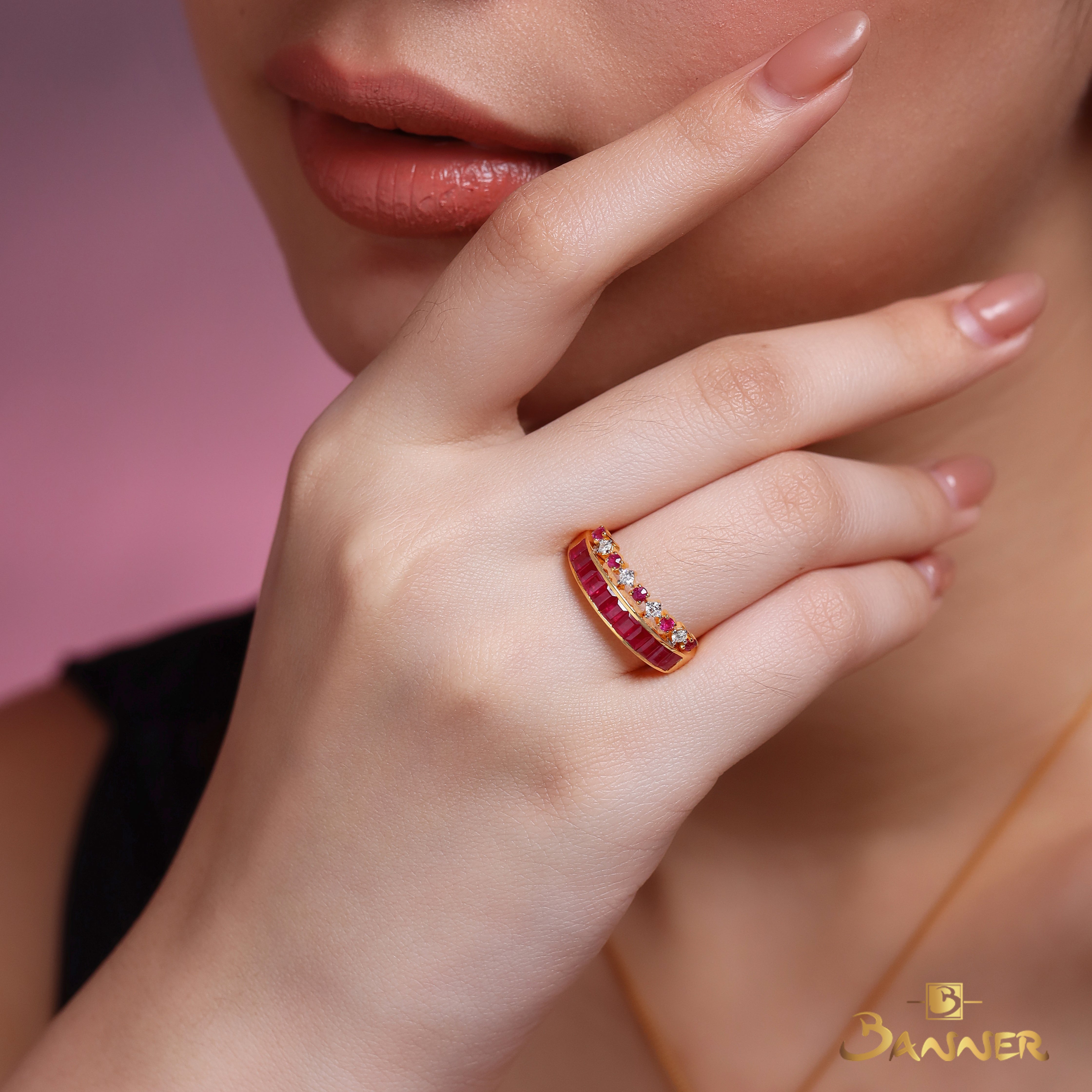 Emerald-cut Ruby and Diamond Crown Ring