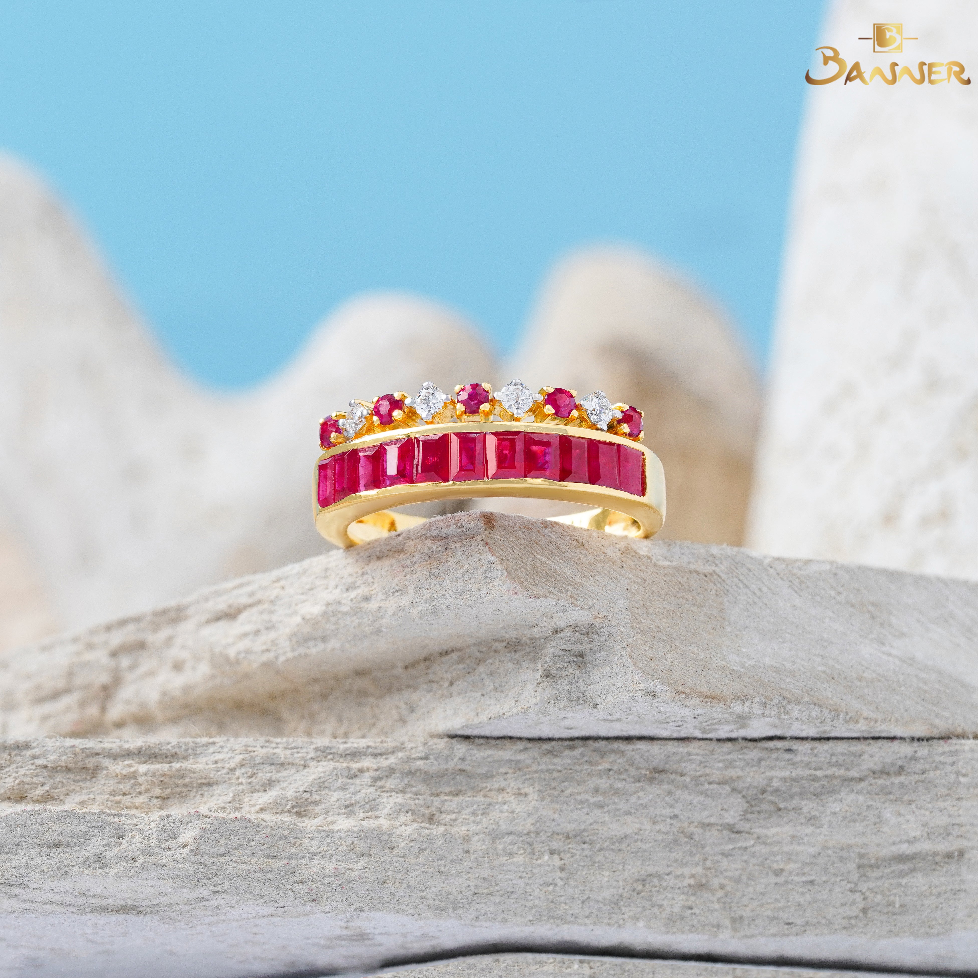 Emerald-cut Ruby and Diamond Crown Ring