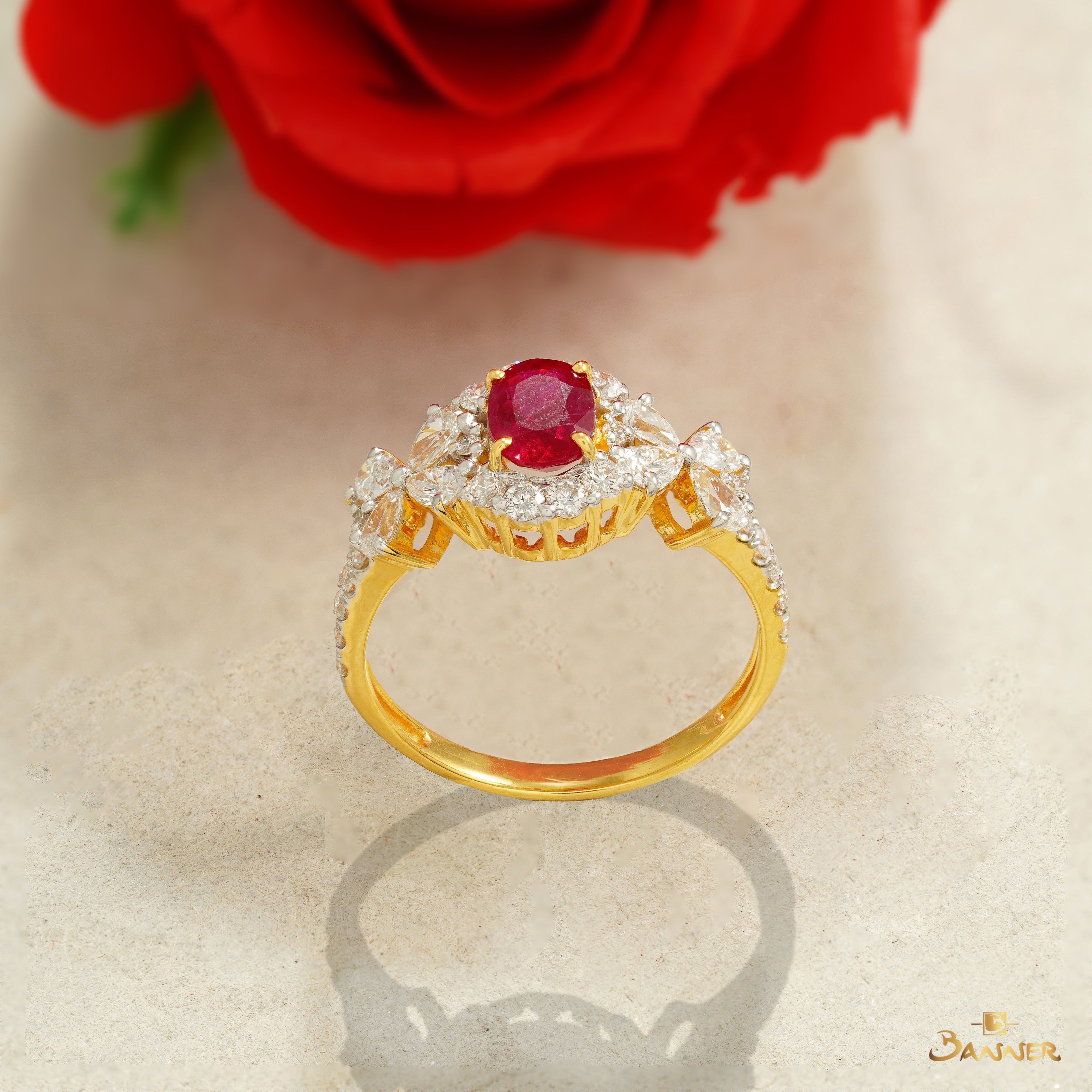 Ruby and Oval Diamond Floral Ring