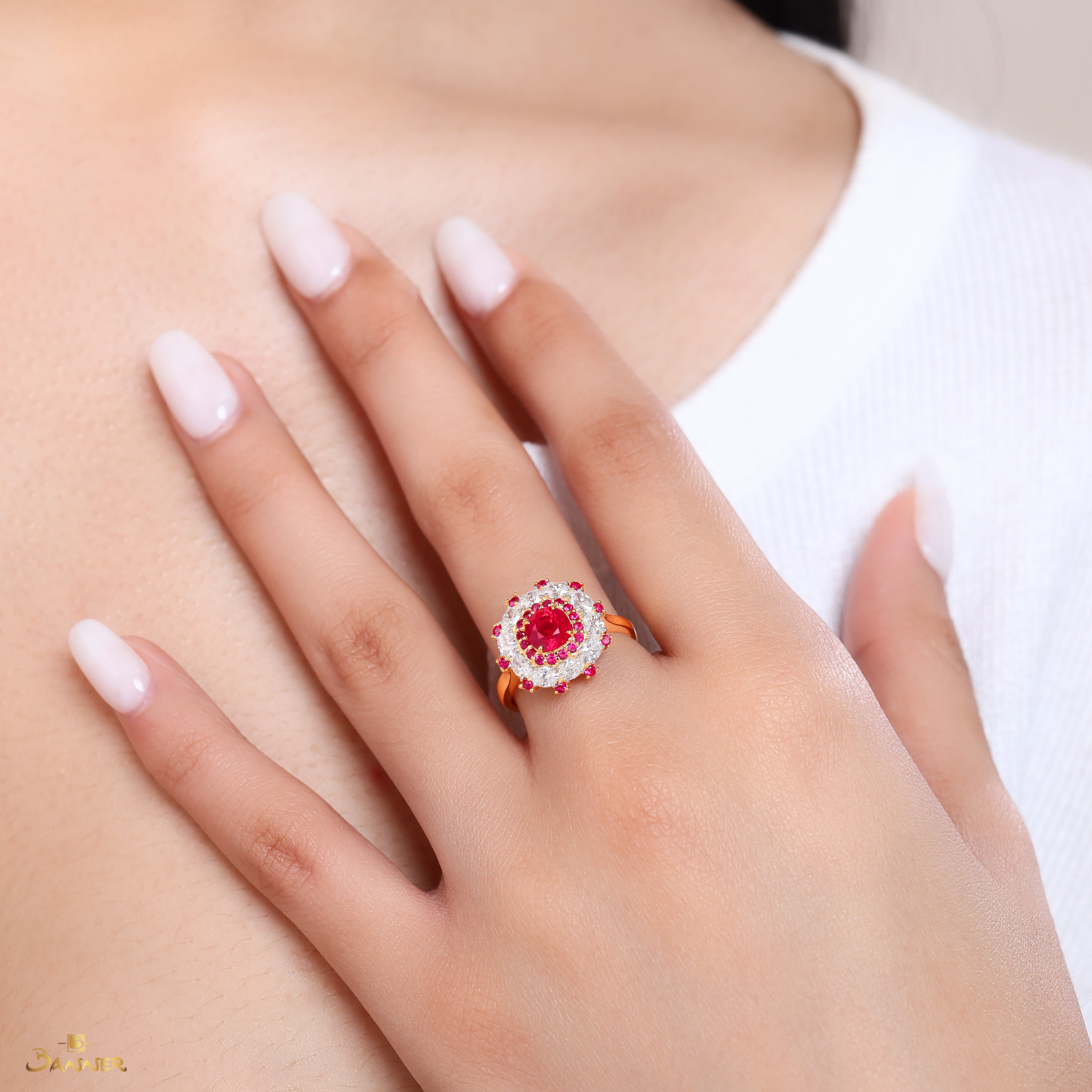 Ruby and Oval Diamond Halo Ring