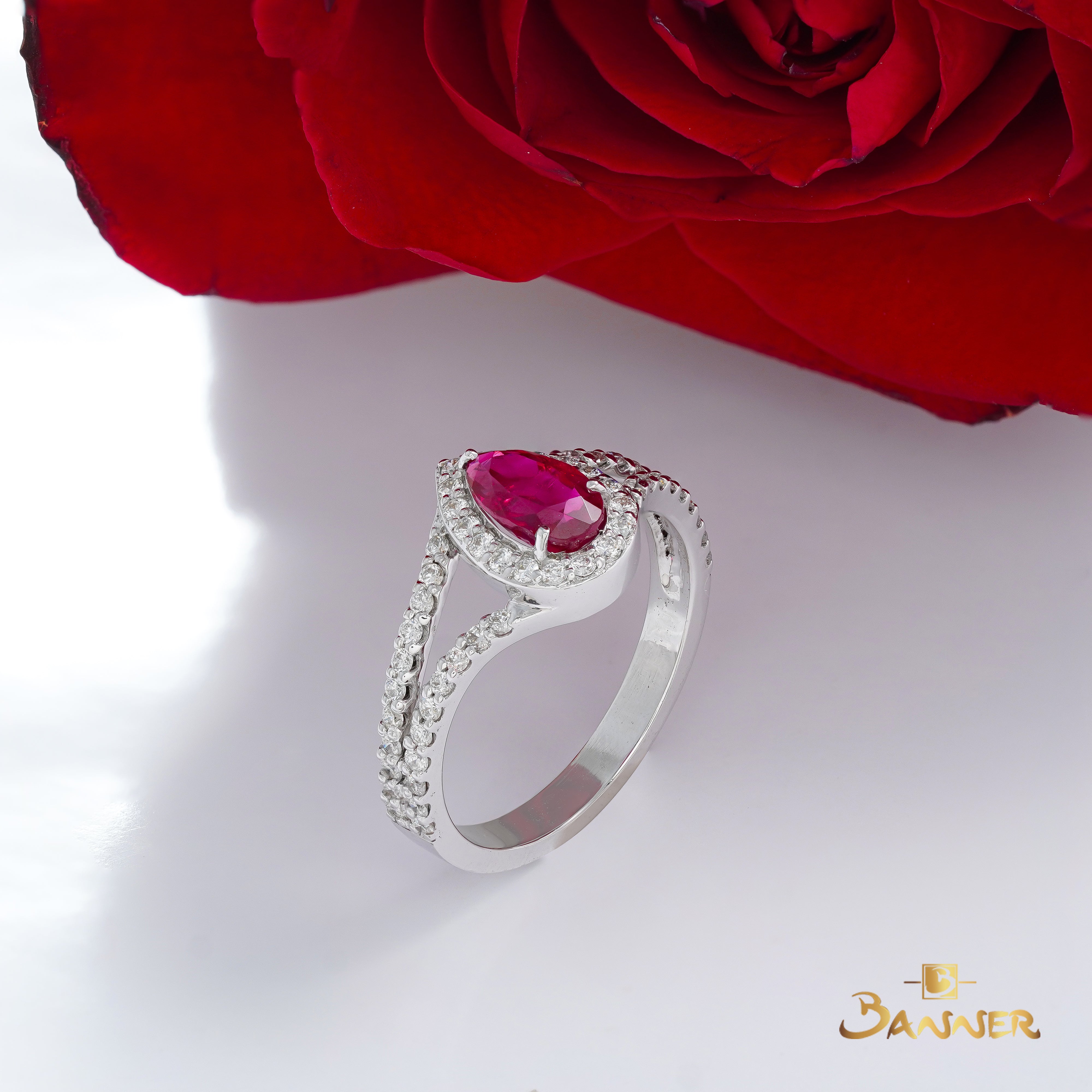 Ruby and Diamond Rain-drop Halo Ring
