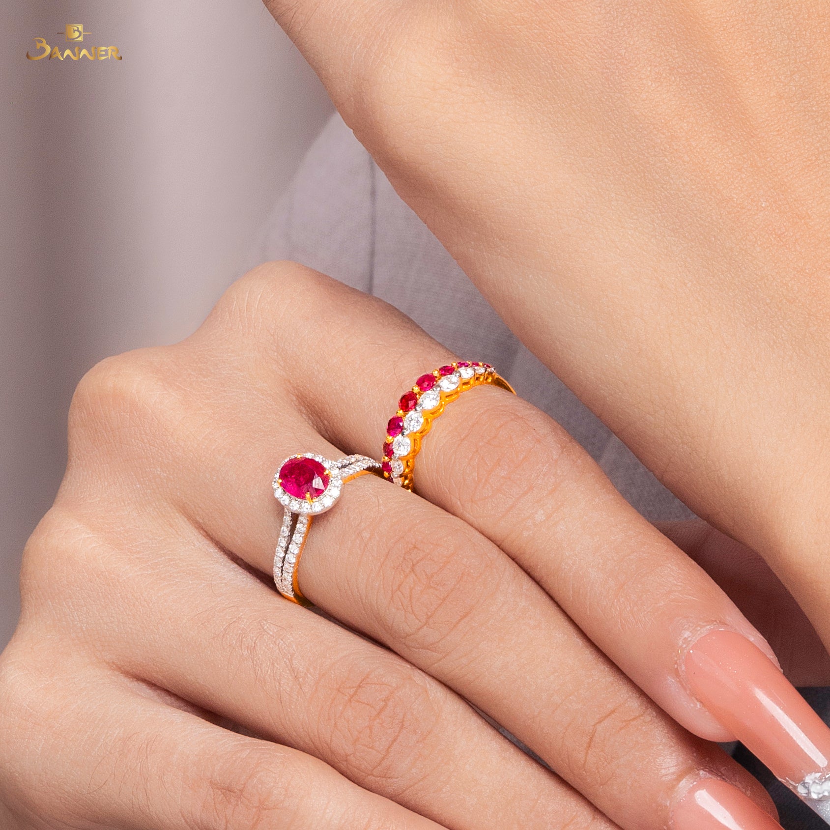 Ruby and Diamond Two Rows Ring