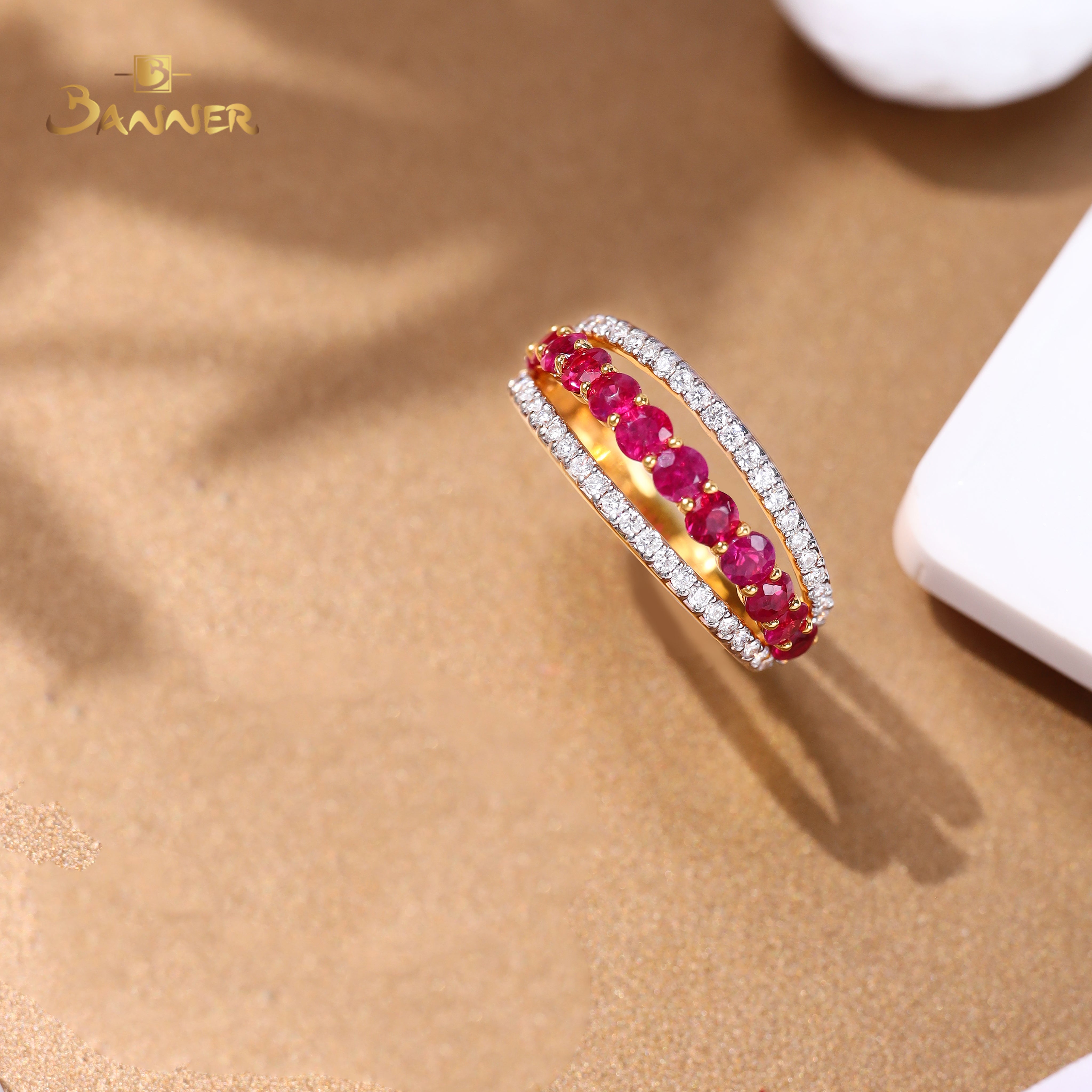 Ruby and Diamond 3 Rows Ring