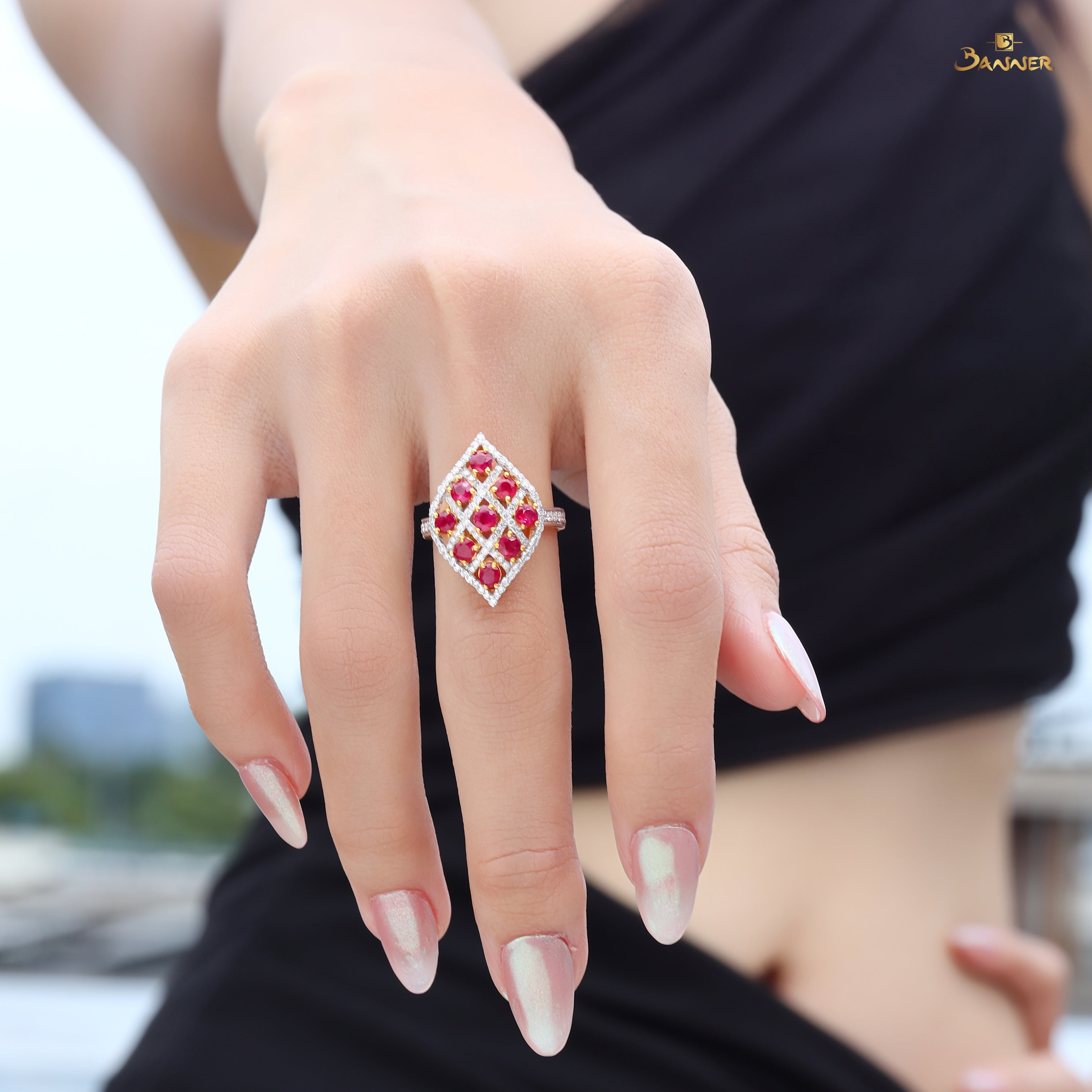 Ruby and Diamond Teardrop Mesh Ring