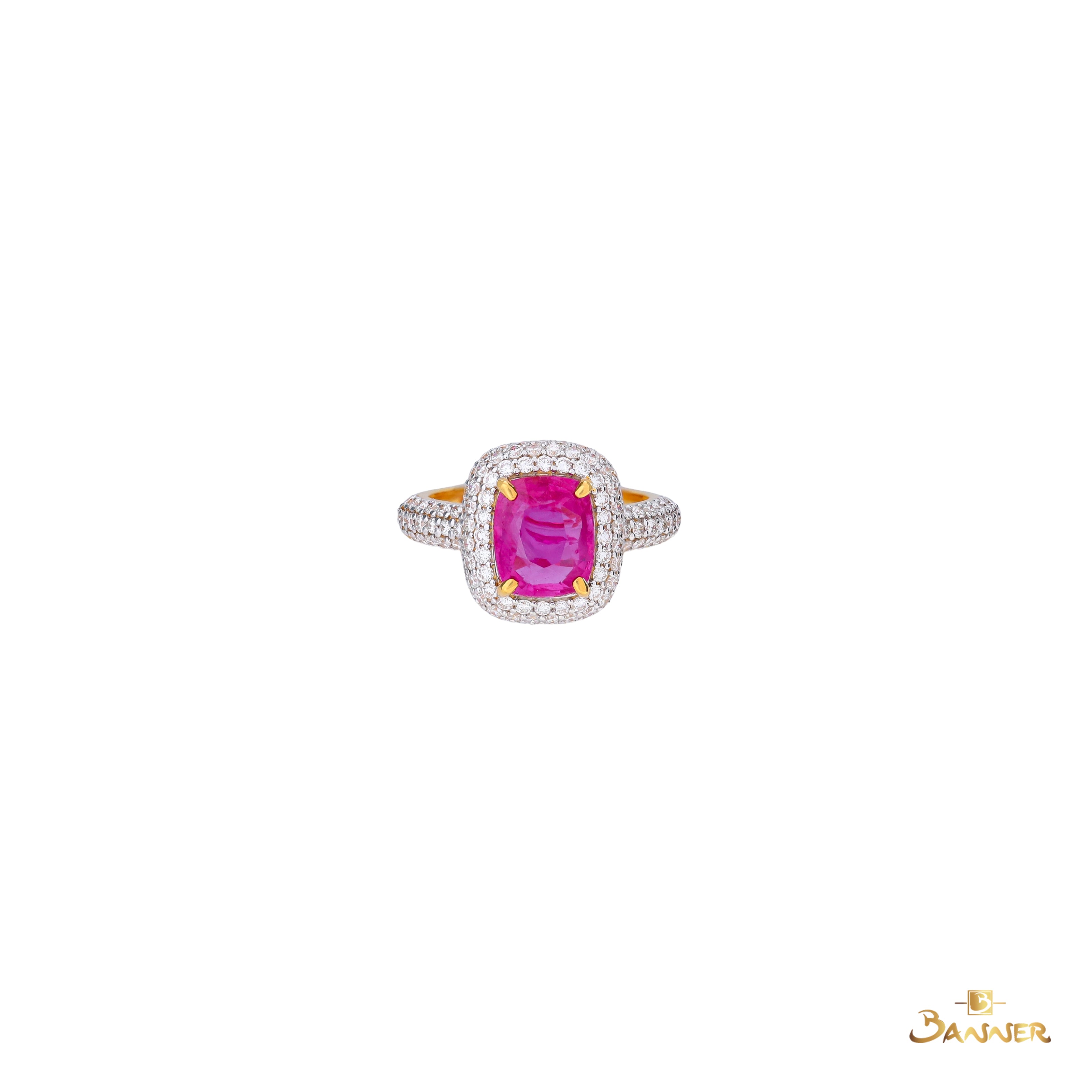 Natutral Mogok Ruby and Diamond Triple Halo Ring