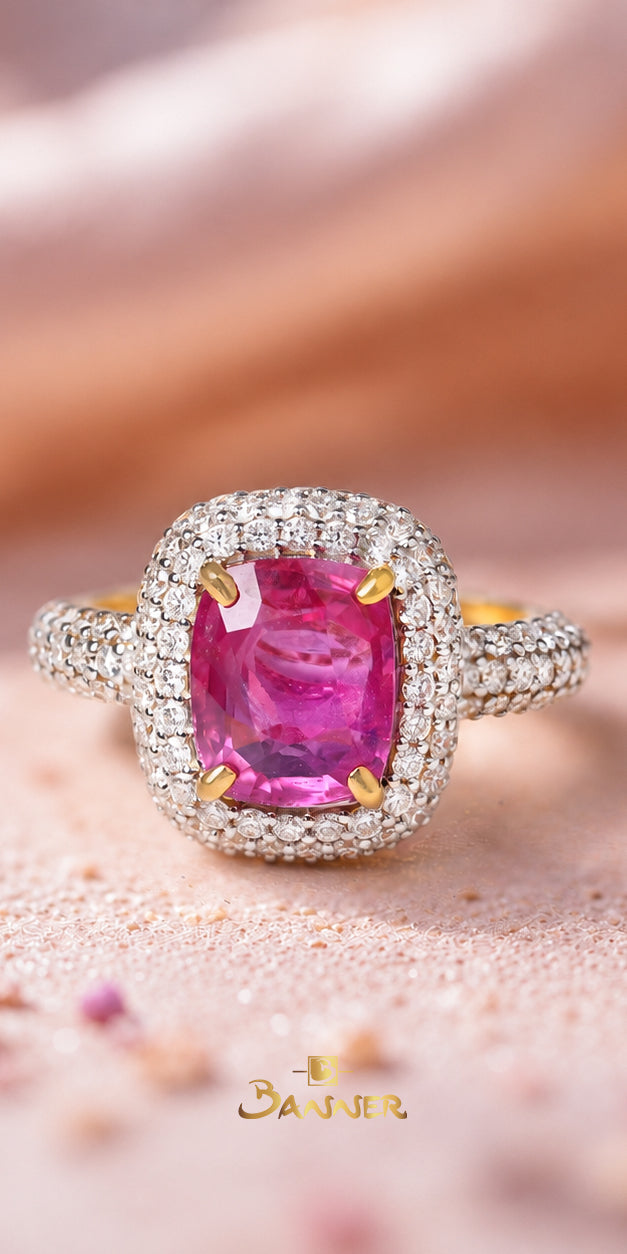 Natutral Mogok Ruby and Diamond Triple Halo Ring