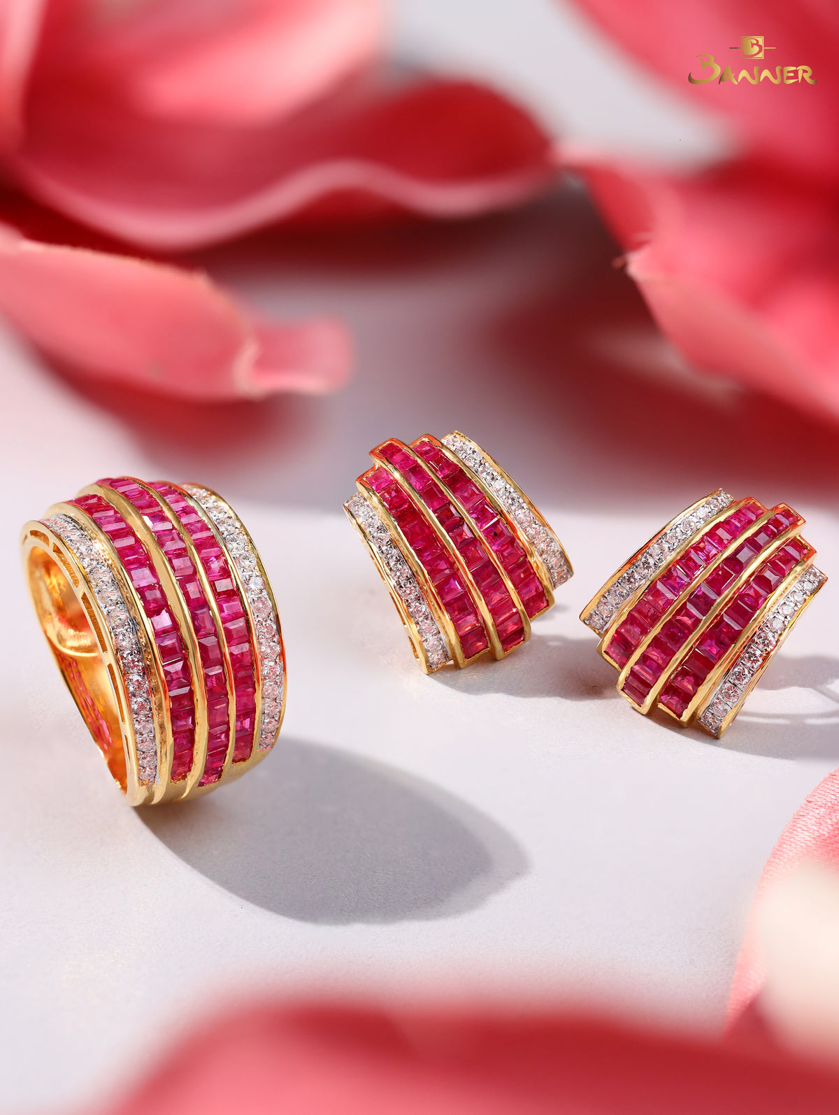 Emerald-cut Ruby and Diamond Scarlet Wave Ring