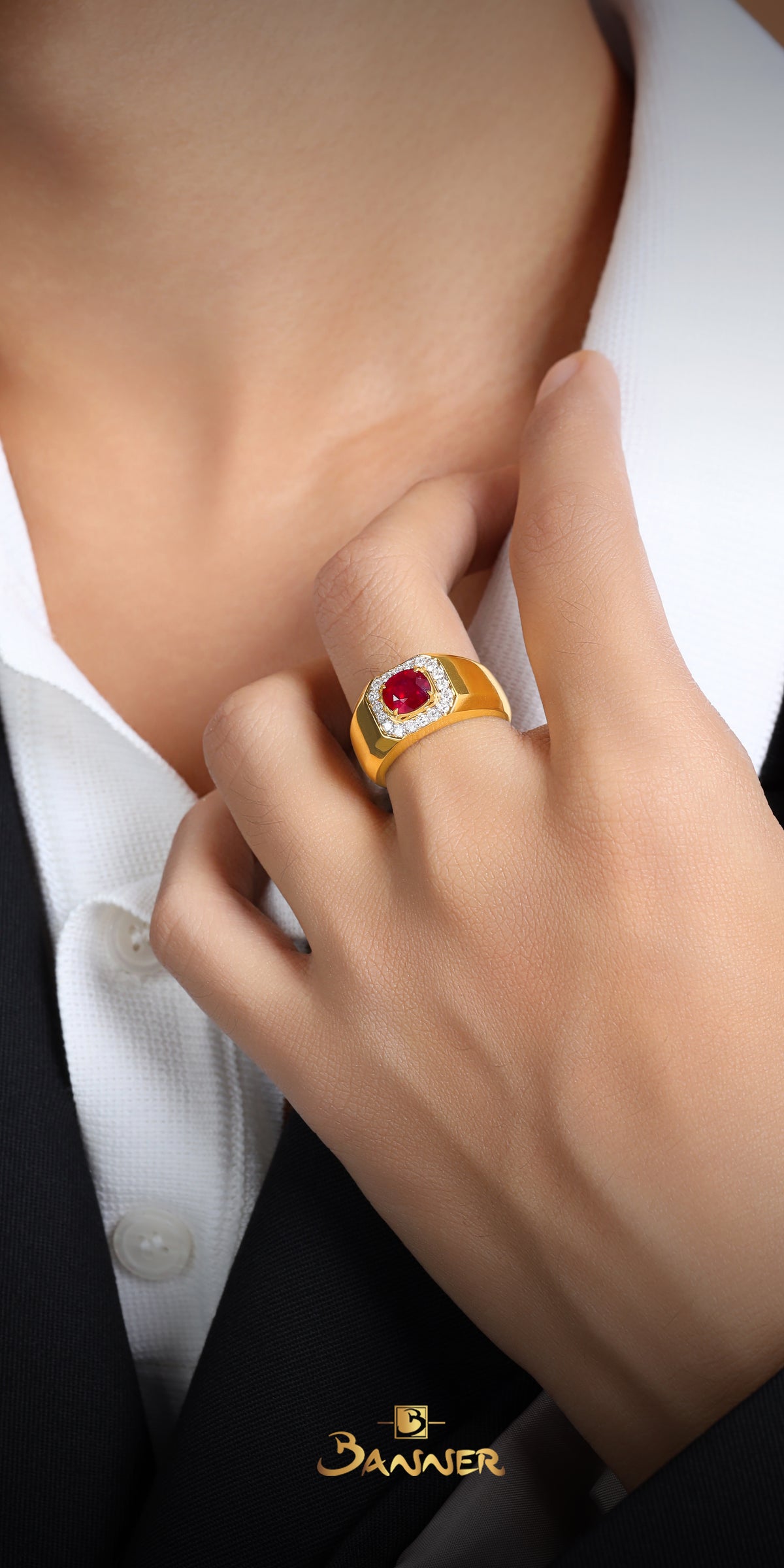 Natural Mogok Ruby and Diamond Men Ring