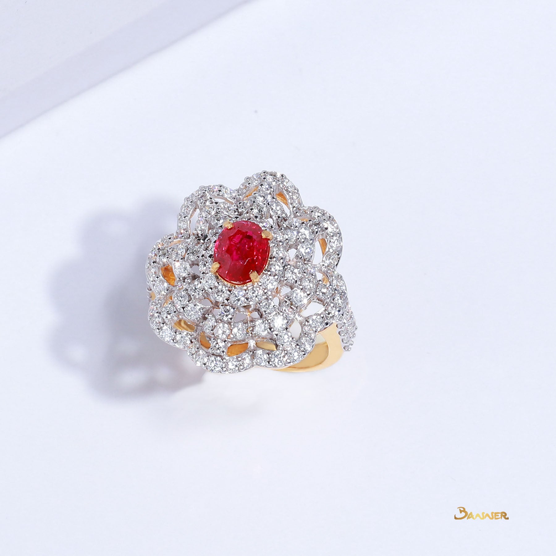 Natural Mogok Ruby and Diamond Floral Ring