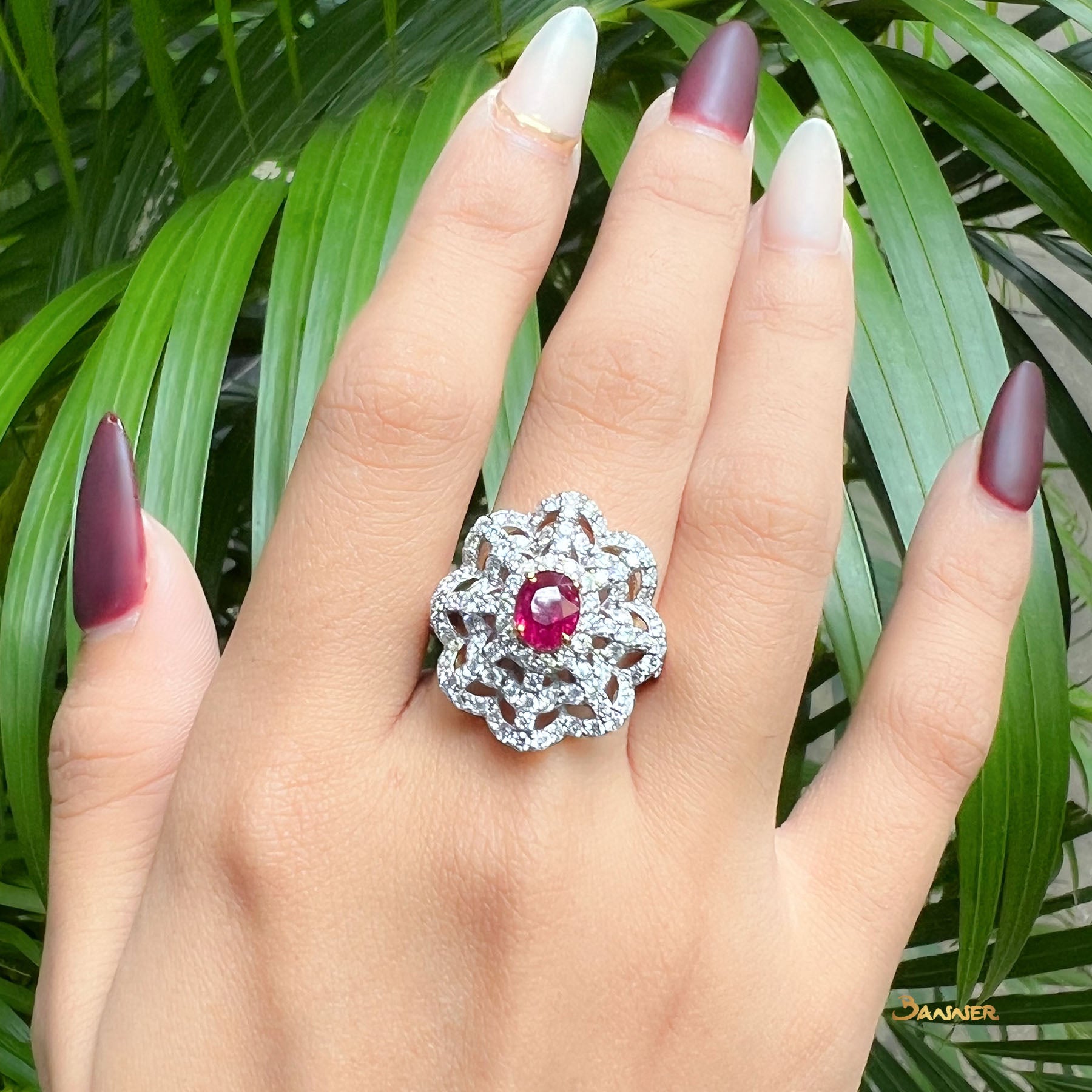 Natural Mogok Ruby and Diamond Floral Ring