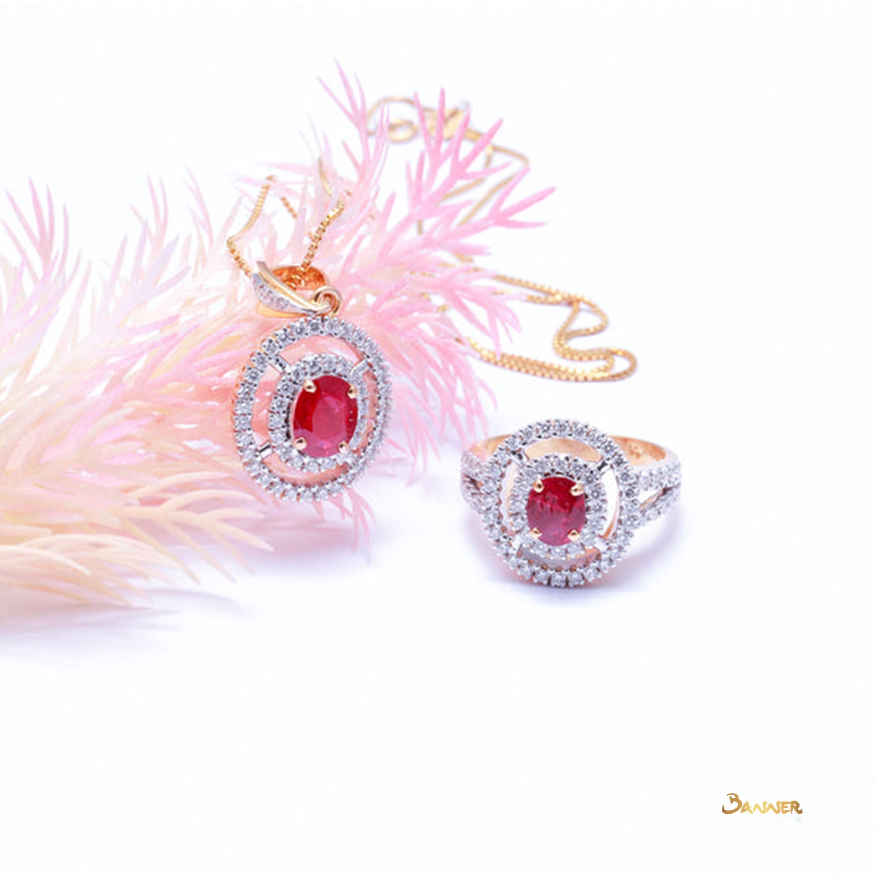 Ruby and Diamond Double Halo Set