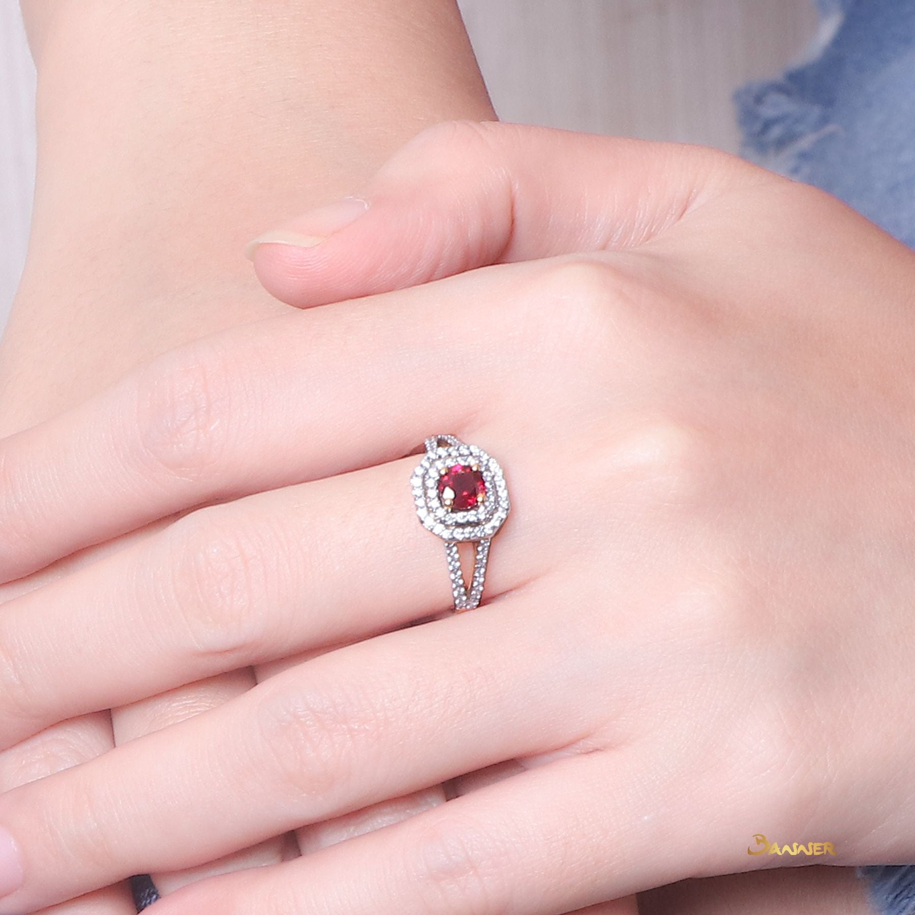 Bespoke Ruby and Diamond Double Halo Ring