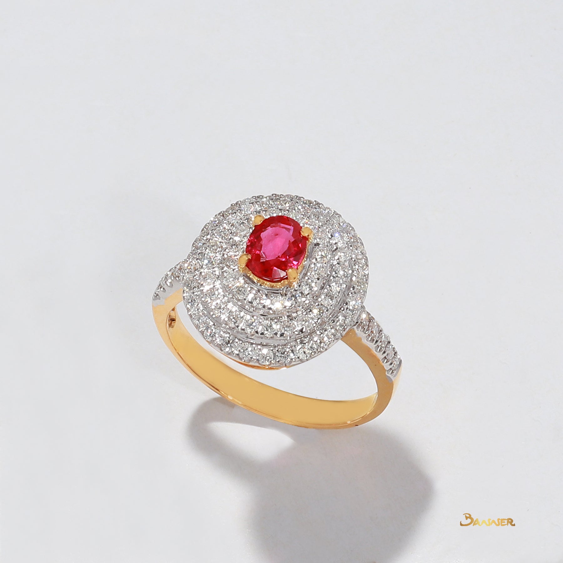 Ruby and Diamond Triple Halo Ring