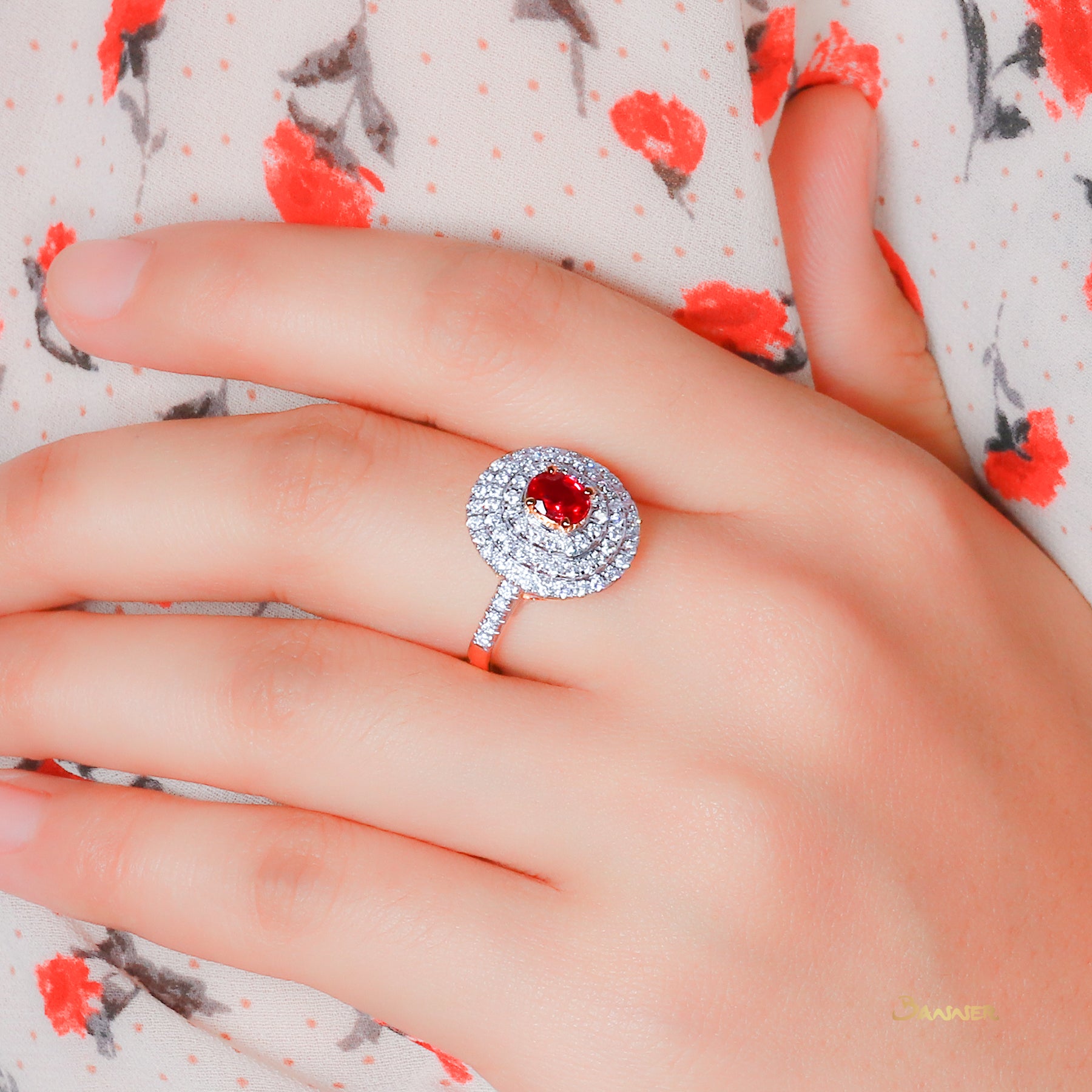 Ruby and Diamond Triple Halo Ring