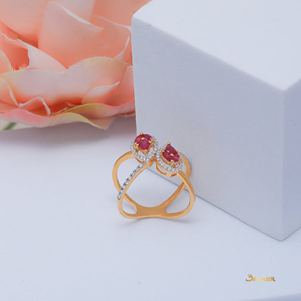 Pear Shape Ruby and Diamond Double Halo Ring