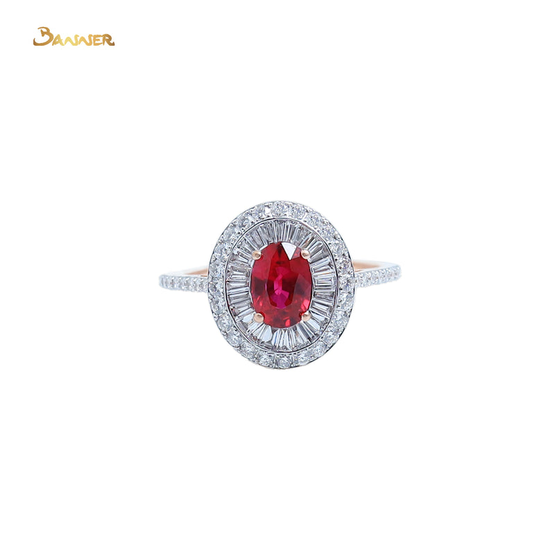 Ruby and  Baguette Diamond Double Halo Ring